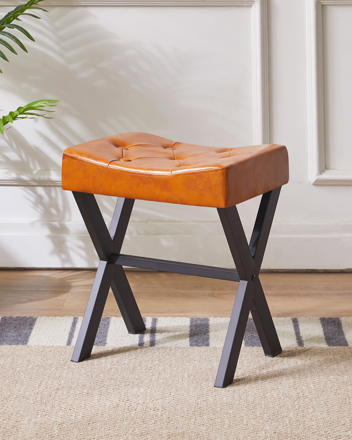 IBUYKE PU Sgabello Vanity a Forma di U con X-Leg, Poggiapiedi Ottomano Quadrato, Multi-Use Come Piccolo Tavolino per Camera da Letto, Marrone Chiaro WBD019J