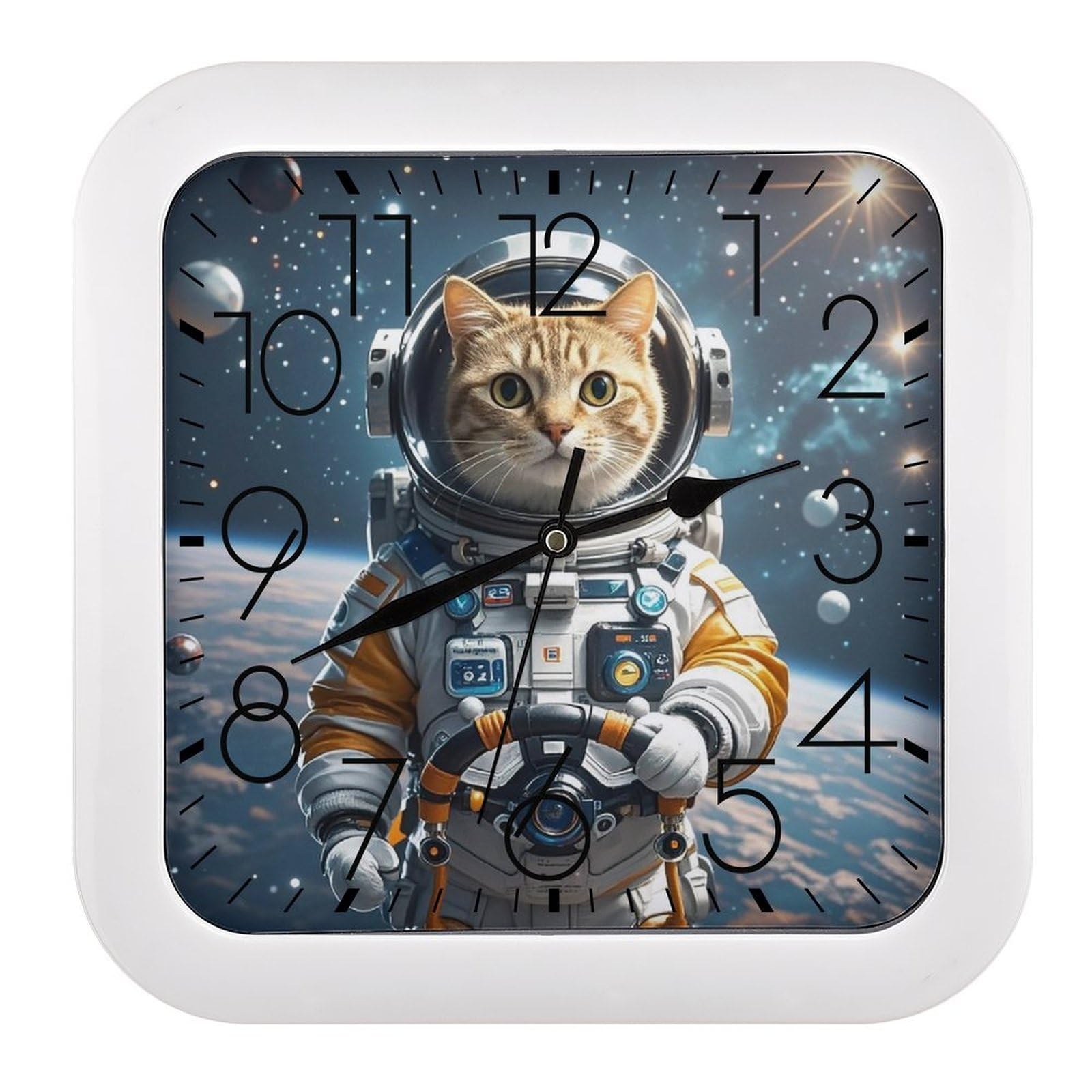 Horloge murale astronaute chat carrée et silencieuse pour salon