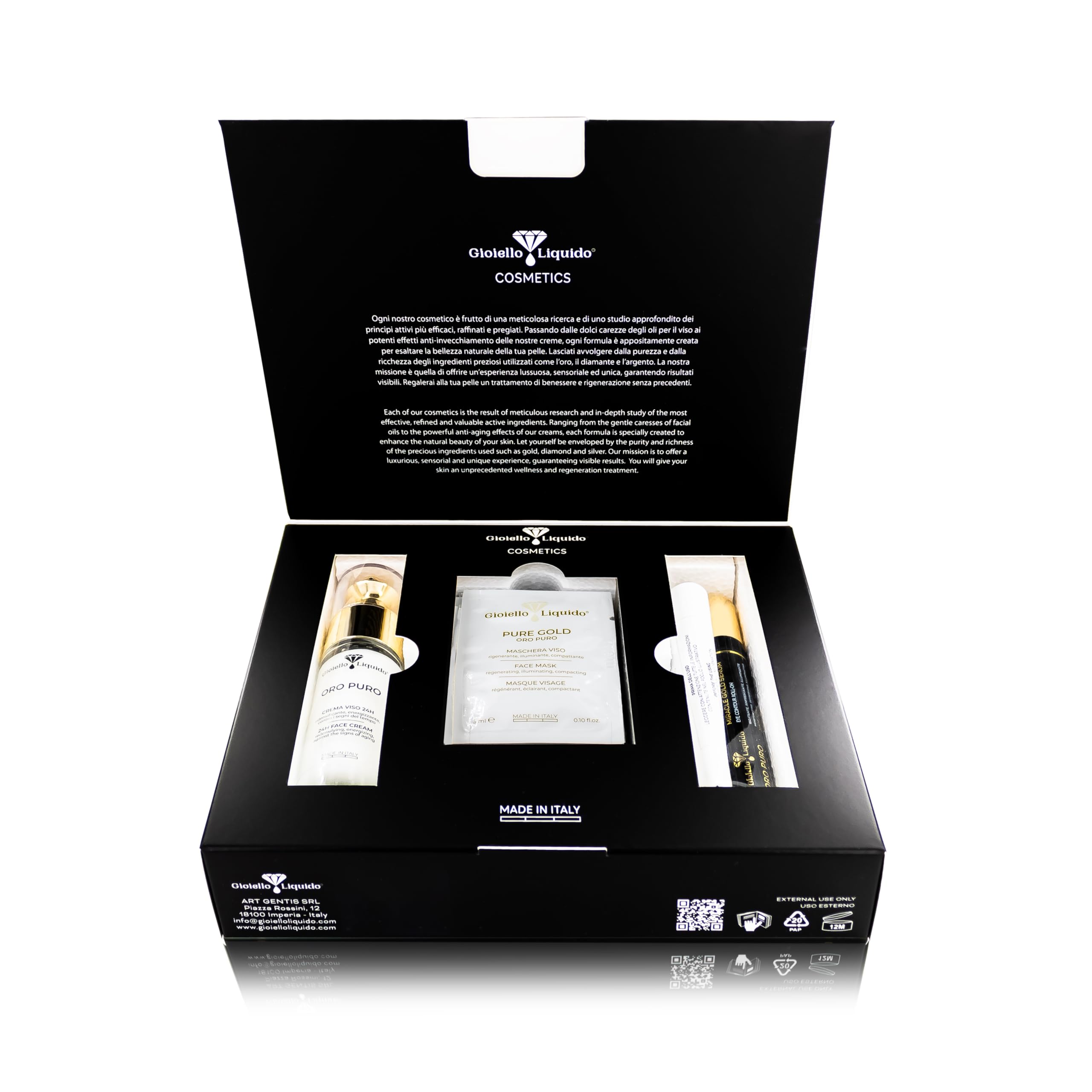 Erfrischende Geschenkbox – 1 Gesichtscreme mit Kollloidalgold, X50 Antiaging + 1 Roll-on Augenkontur mit Kaffee, kolloidales Gold – gratis Proben-Set – 15 ml und 30 ml – Gioiello Liquido