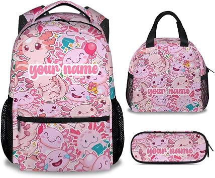 Custom Axolotl Girls Backpack with Lunch Box Set, 3 in 1 School Backpacks Matching Combo, Cute Pink Bookbag and Pencil Case Bundle