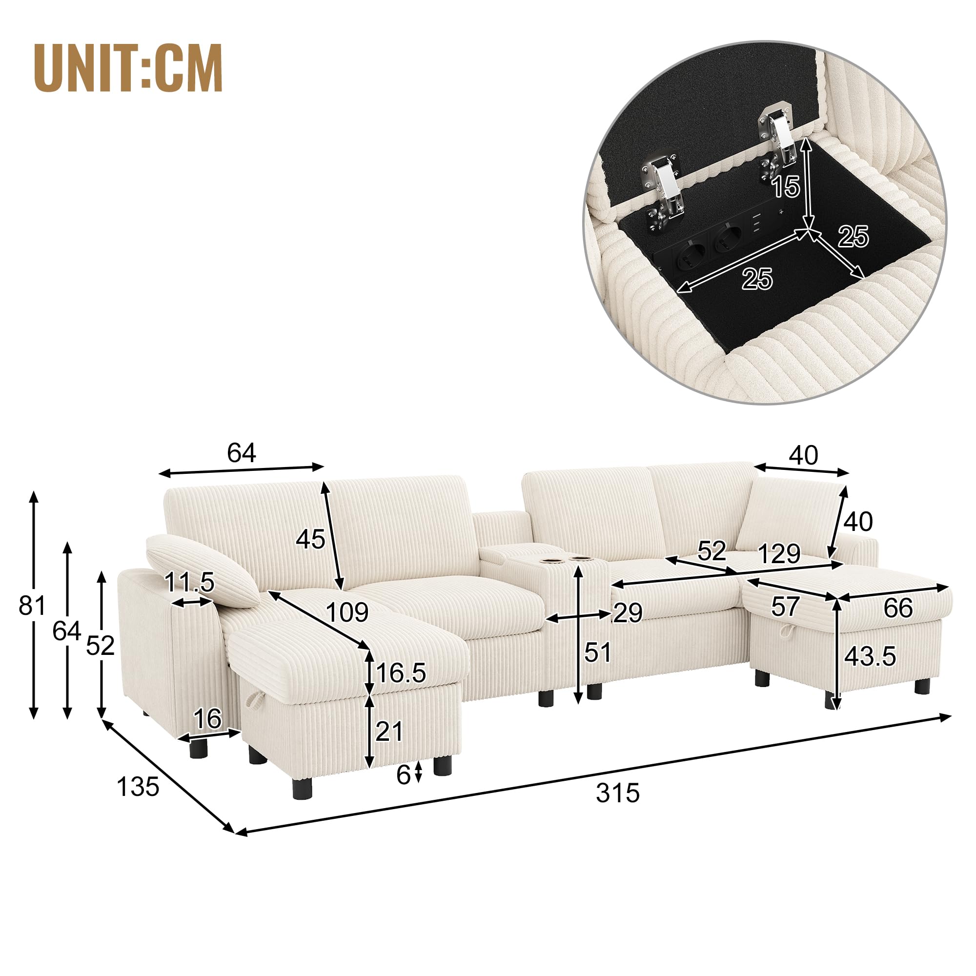 Divano a forma di U in Corduroy, beige, 140 x 320 cm, con 2 poggiapiedi con funzione di stoccaggio, tavolino da caffè, 2 portabevande