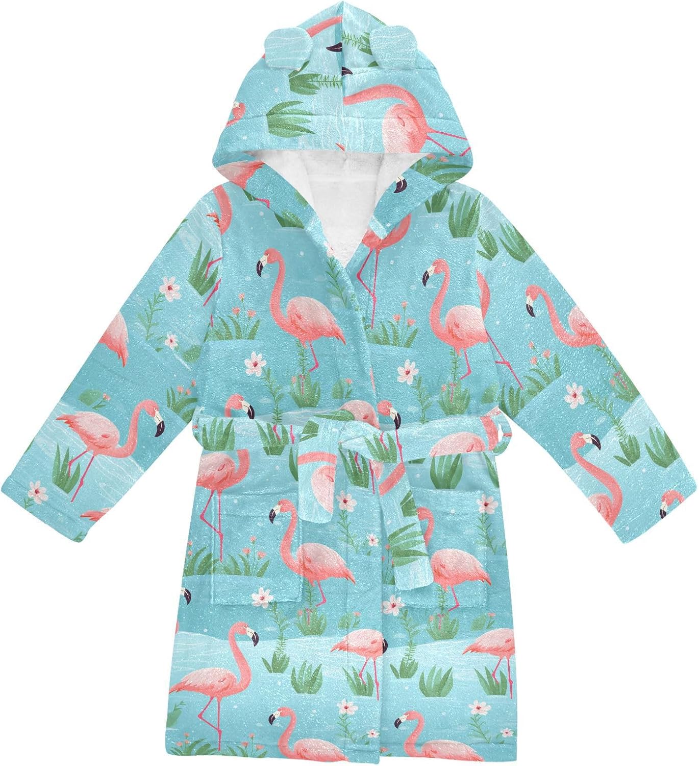 senya Flamingo Pink Toddler Hooded Bathrobe Kids Soft Plush Bath Towel Robes for Boys Girls 2-12 Years