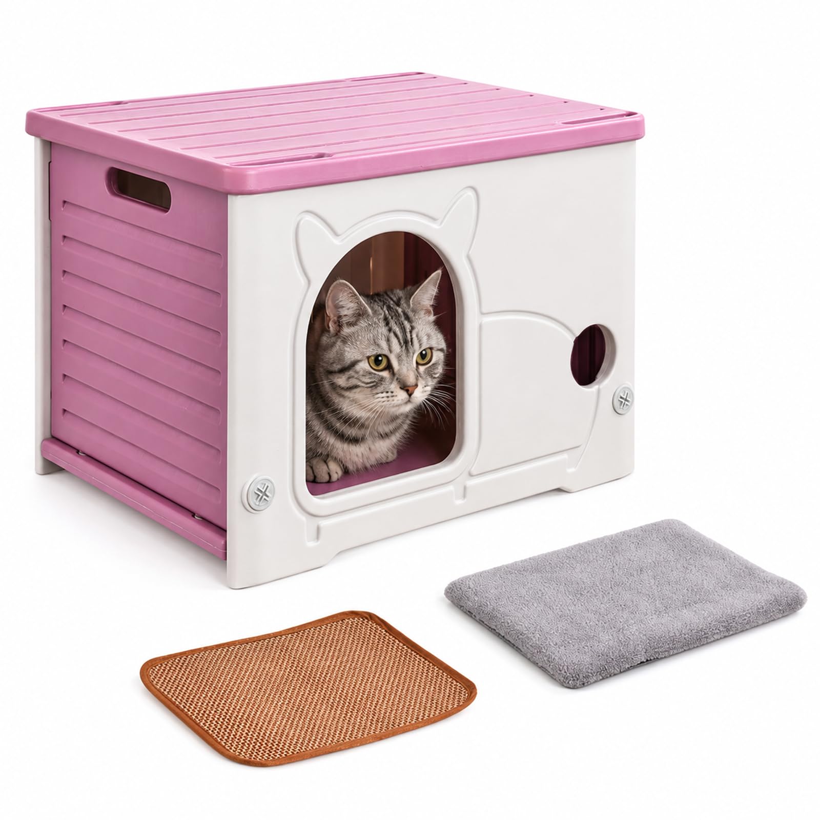 Outdoor Cat House Waterproof - Stackable Plastic Cat Shelter for Indoor Outdoor, Weatherproof Feral Cat Cave with Cushion, Easy Assembly for 1-2 Cats (Pink, 54x41x38cm)