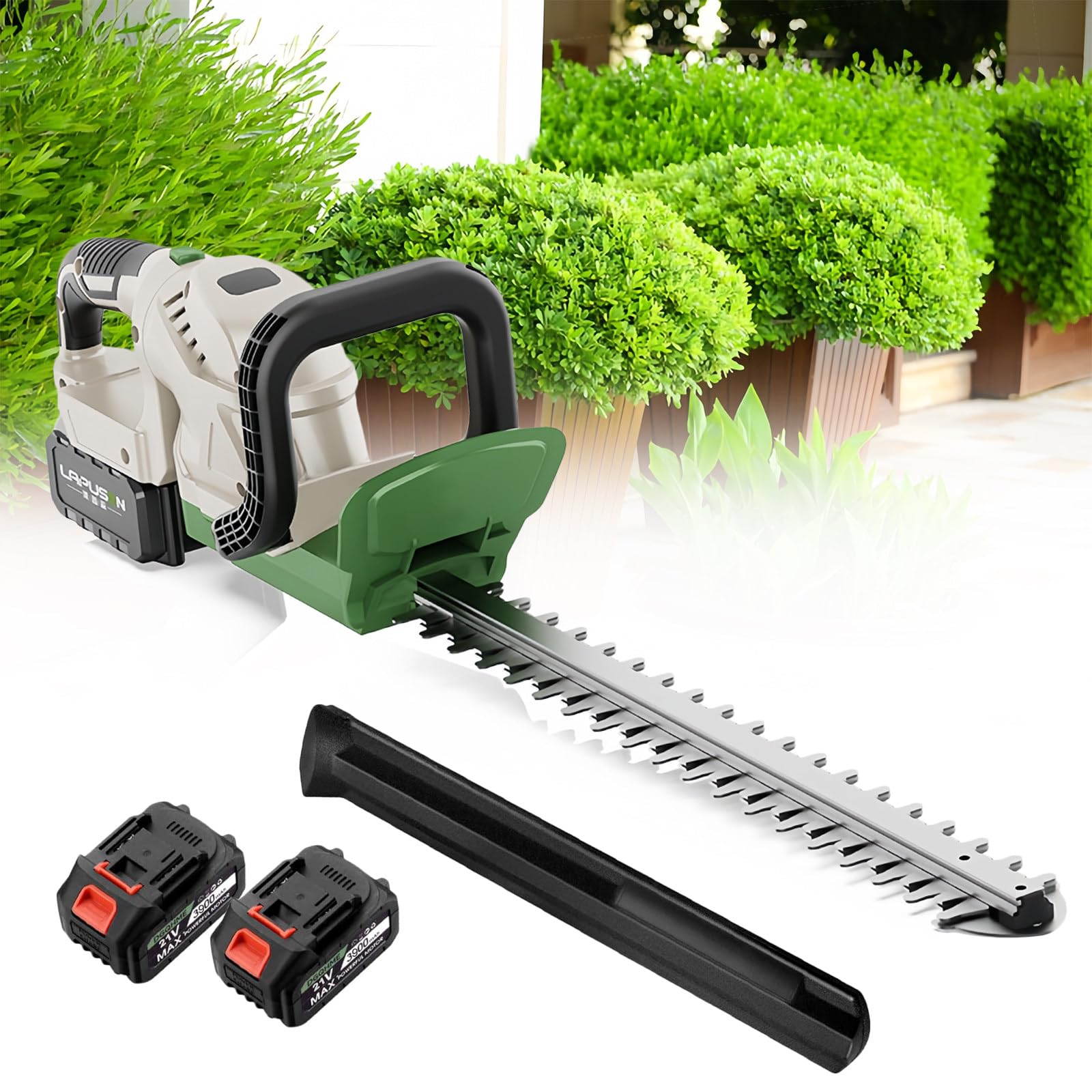 Cortasetos para jardín, Cortasetos eléctrico inalámbrico de 21 V con Cuchilla de Doble acción, Corte eficiente a 3000 RPM, diseño Ligero y Compacto, batería de 3900 mAh y Cargador.