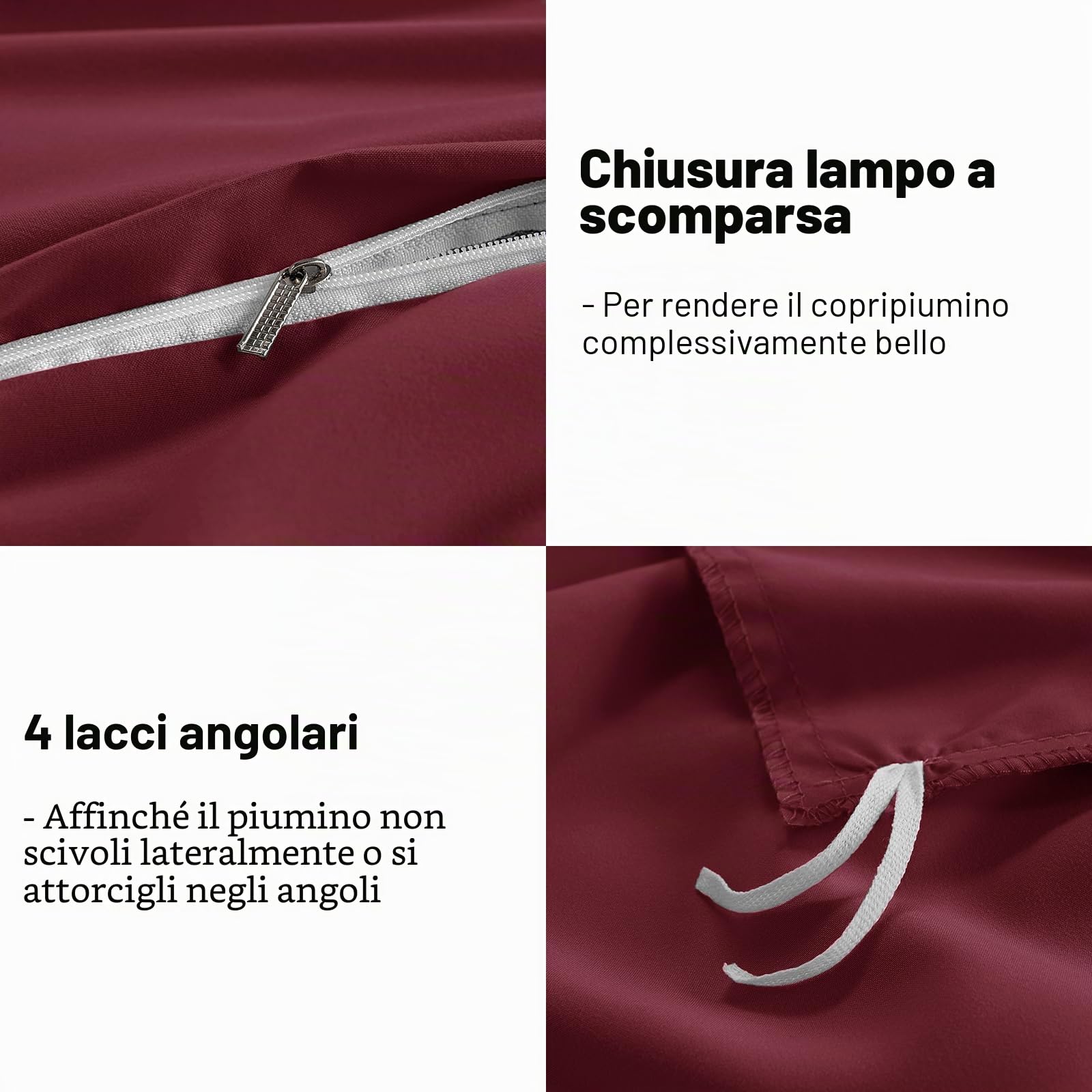 WAVVE Set Biancheria da Letto 155 x 220 cm, 3 Pezzi, Rosso Vinaccia - Copripiumino e 2 Federe 80 x 80 cm in Microfibra Con Chiusura Lampo
