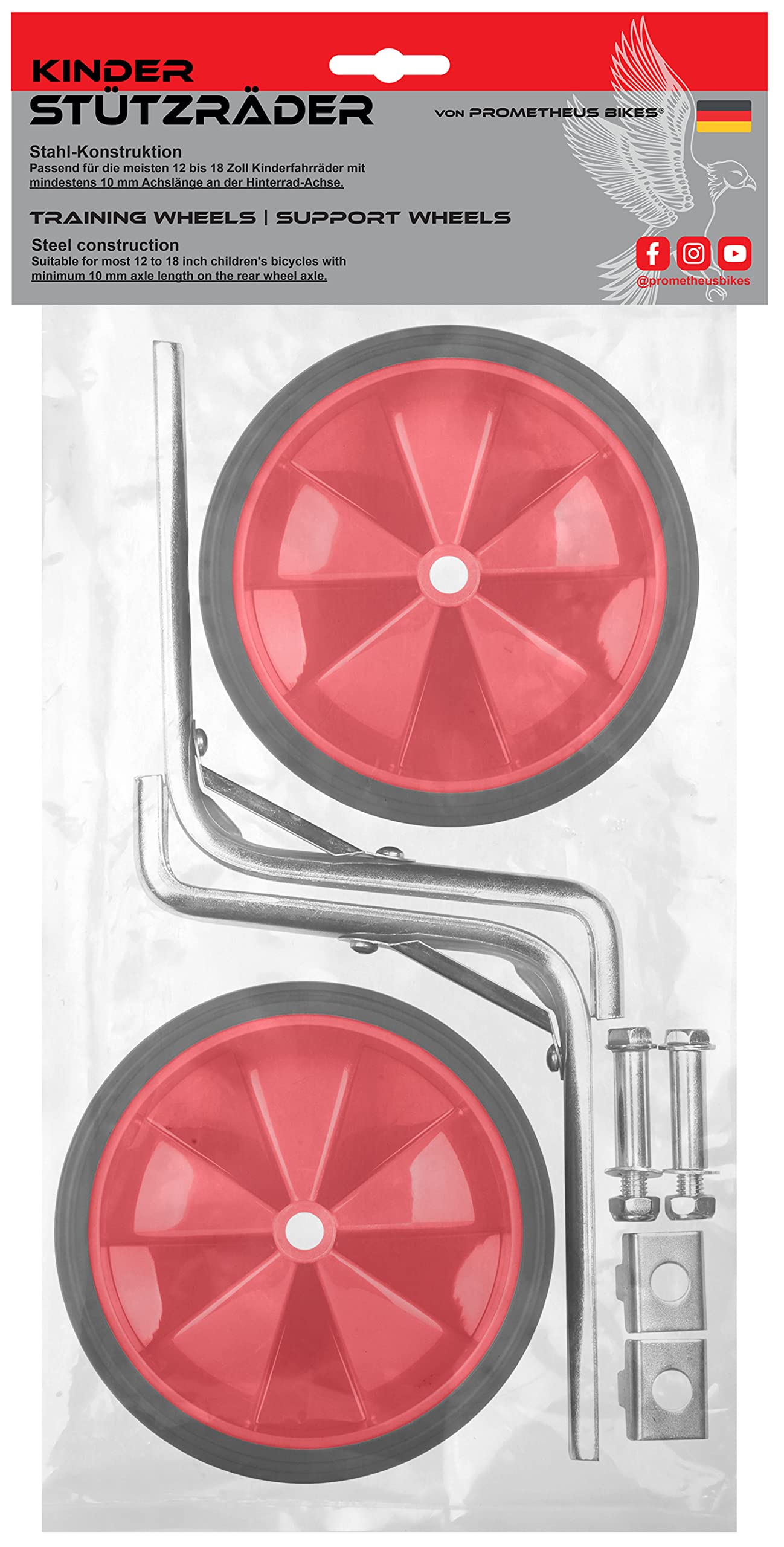 PROMETHEUS BICYCLES Rotelle bici bambino universali 12 14 16 18 pollici | Rotelle per bicicletta bambini | Ruote bici bambino - robusta struttura in acciaio con pneumatici in gomma (Rosso)