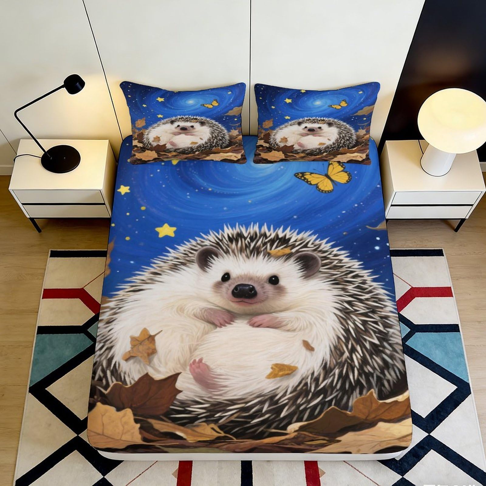 3D Printed Hedgehog Star Night Fitted Sheet Microfiber Soft Non Slip Bed Cover for Bedroom Dorm Easy Care 90x200x25cm