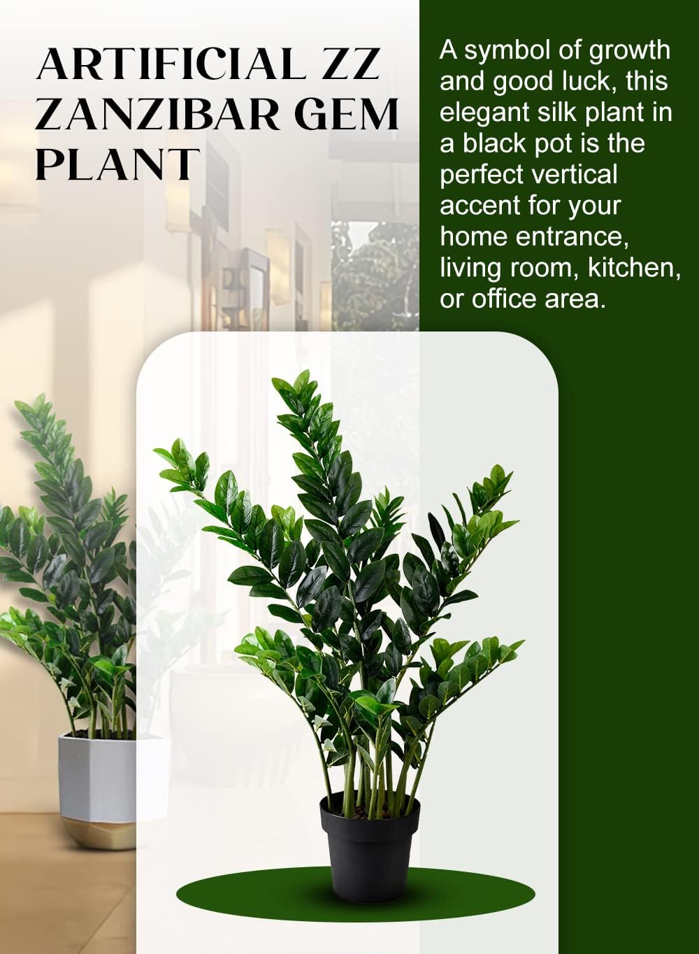Serene Spaces Living Artificial ZZ Plant in Plastic Black Pot, Potted Zamioculcas Zamiifolia Plant, Low Light Houseplant for Living Room, Bedroom, Kitchen, Office, Patio, 17 Diameter  42 Tall