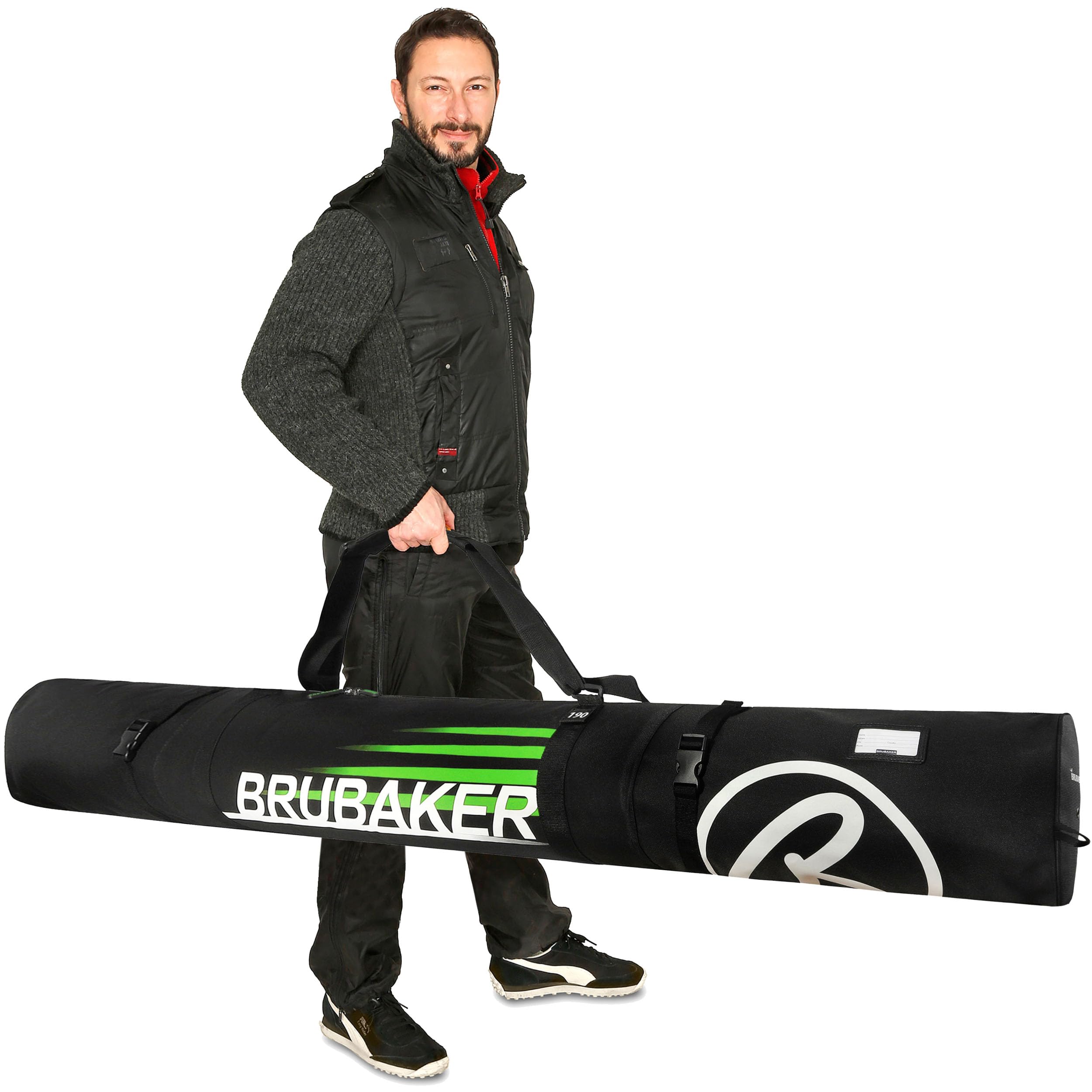 BRUBAKER Set de Ski ‘Champion’ - Housse à Skis et Sac à Chaussures de Ski pour 1 Paire de Skis + Bâtons + Chaussures + Casque - 190 cm - Noir/Vert