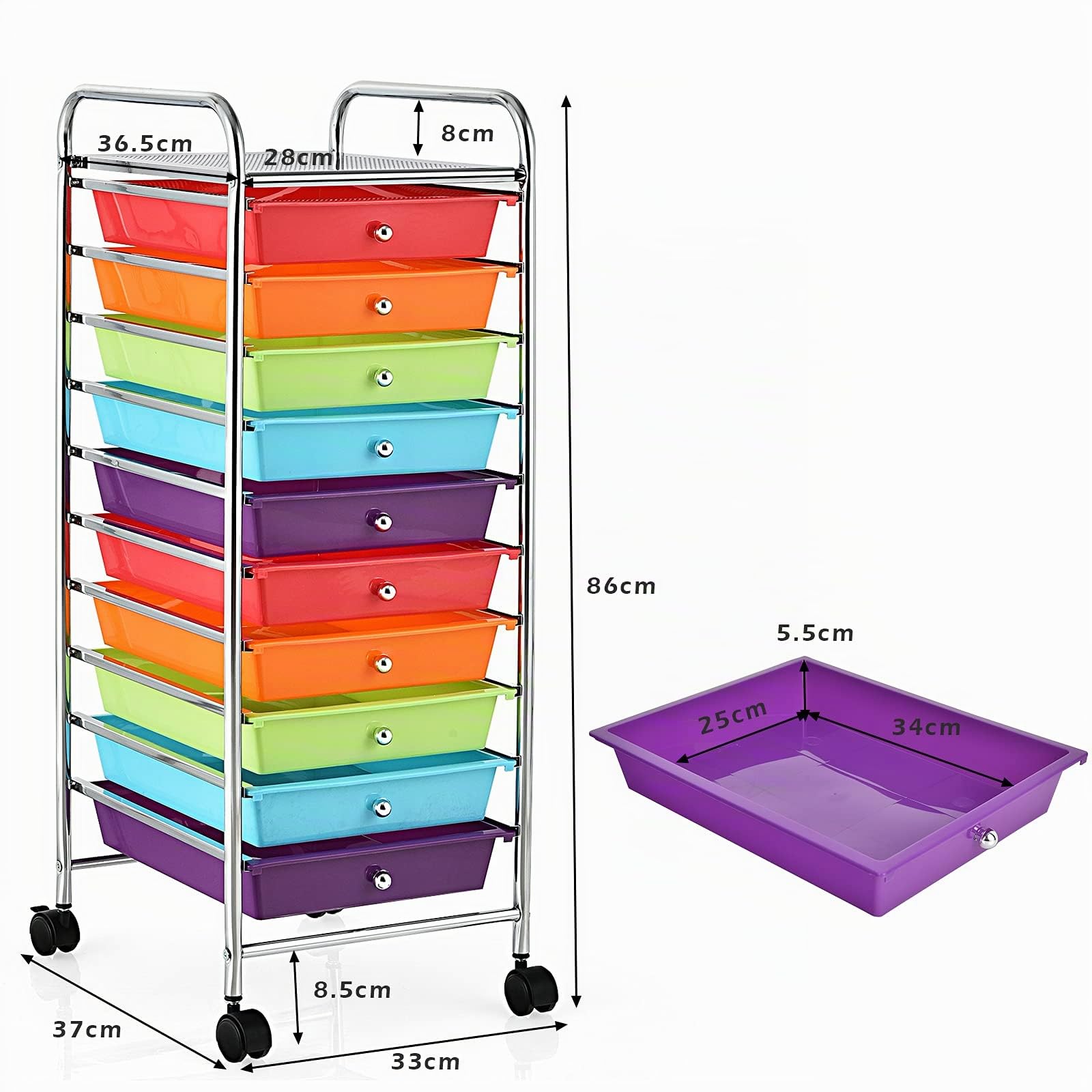 DREAMADE Rollwagen mit Schublade 10 Fächern, Haushaltswagen Badtrolley Küchenwagen auf Rollen, Rollschrank Rollcontainer für Küche Büro Badzimmer, Metallgestell & PP (Farbig-2)