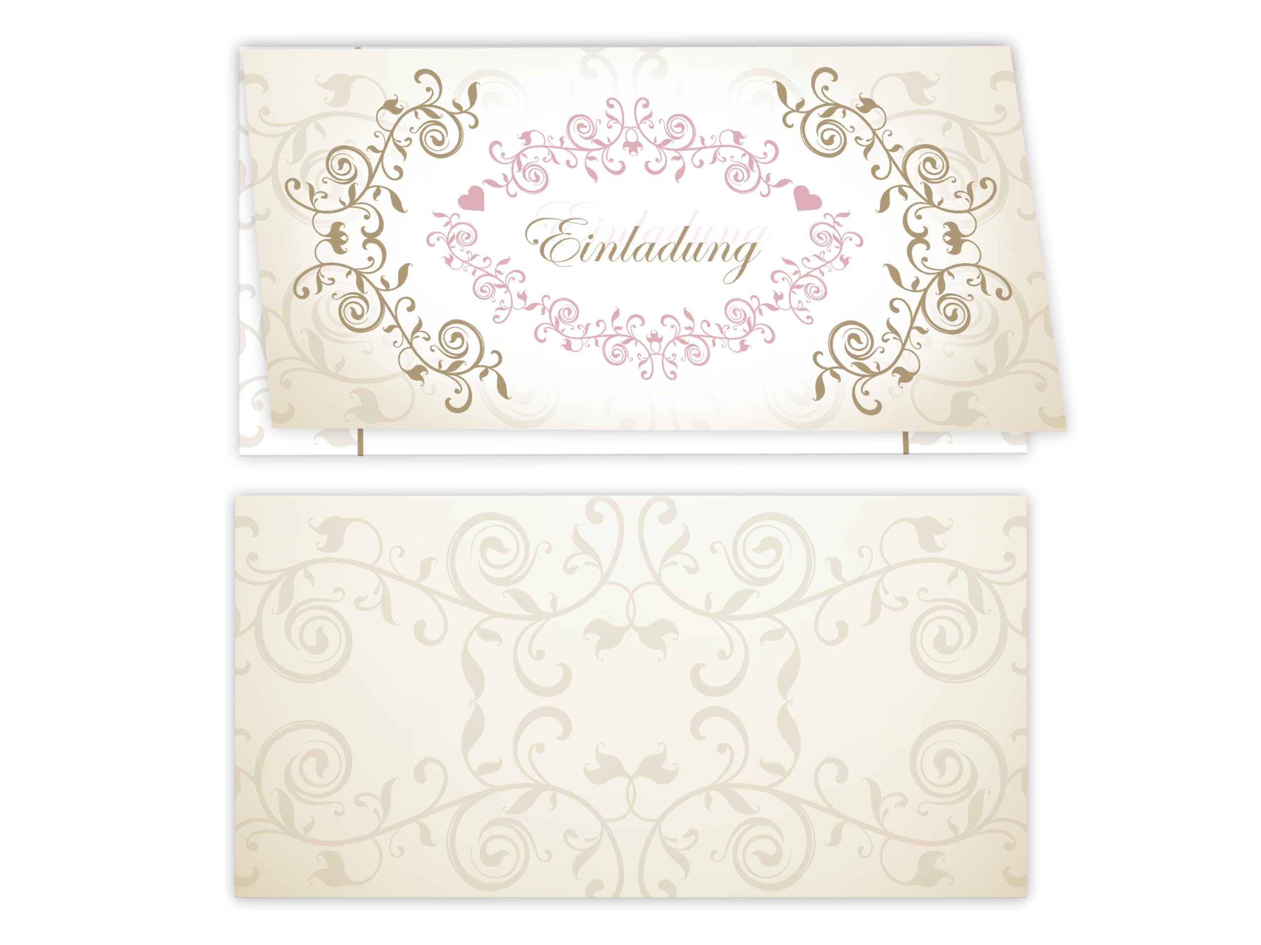 250 Einladungskarten für Hochzeit, Standesamt, Geburtstag, Konfirmation, Kommunion, Jugendweihe, Taufe, Geburtstag Jubiläum. Klappkarten DIN lang (21 x 10,5 cm). Luxuriöse florale Ornamente gold