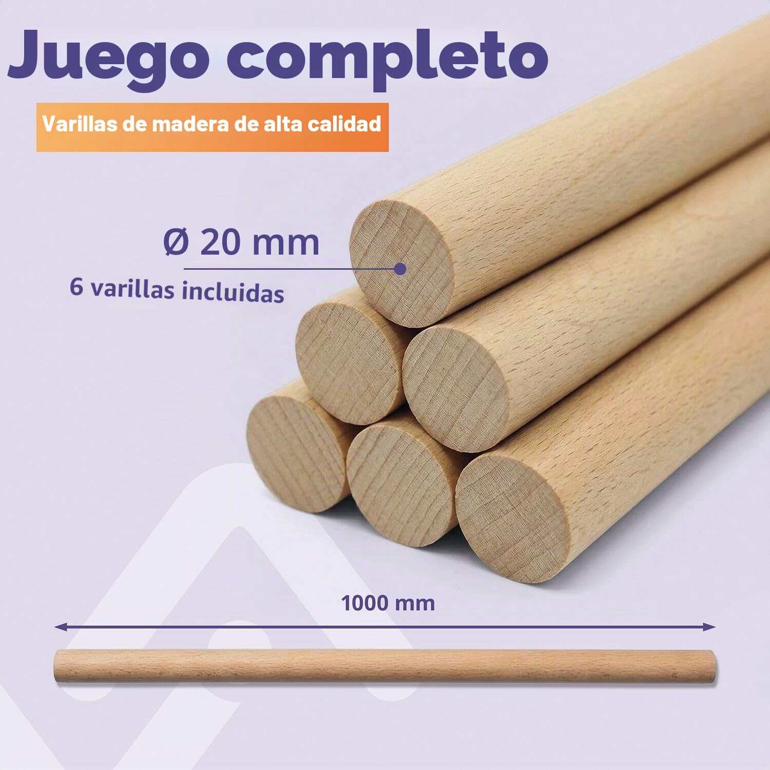 vasalat Varillas de madera lisas para manualidades, 100 cm x 20 mm, madera de haya natural, contenido, 6 unidades
