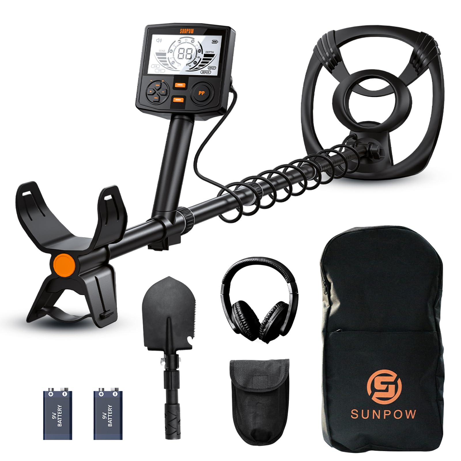 SUNPOW Metal Detector for Adults Professional - High Accuracy with 12" Waterproof Coil, 2x Backlit LCD Display, Advanced DSP Chip, 5 Modes, Adjustable Length (19"-59"), Sturdy Spiral Structure -OTMD14