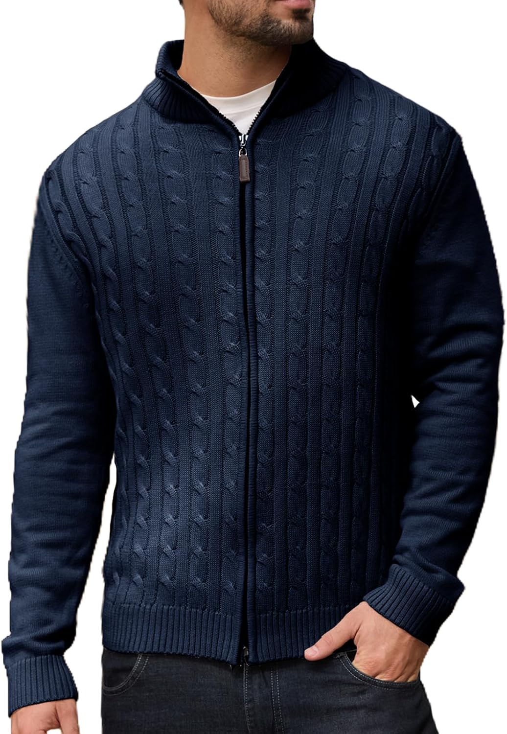 Les umes Men's Cardigan Sweaters Full Zip Stand Collar Cable Knitted Sweater Cotton Long Sleeve Zipper Cardigans