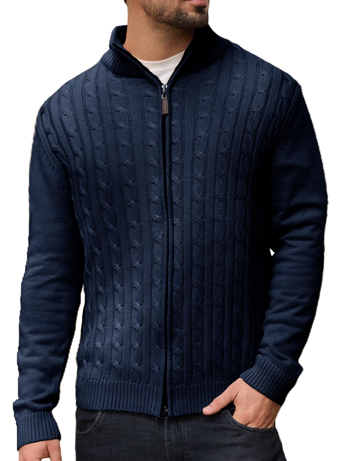 Les umes Cardigan Homme à Fermeture Éclair Pull Tricot Câblé à Col Debout Cardigan Chaud en Coton Détendu