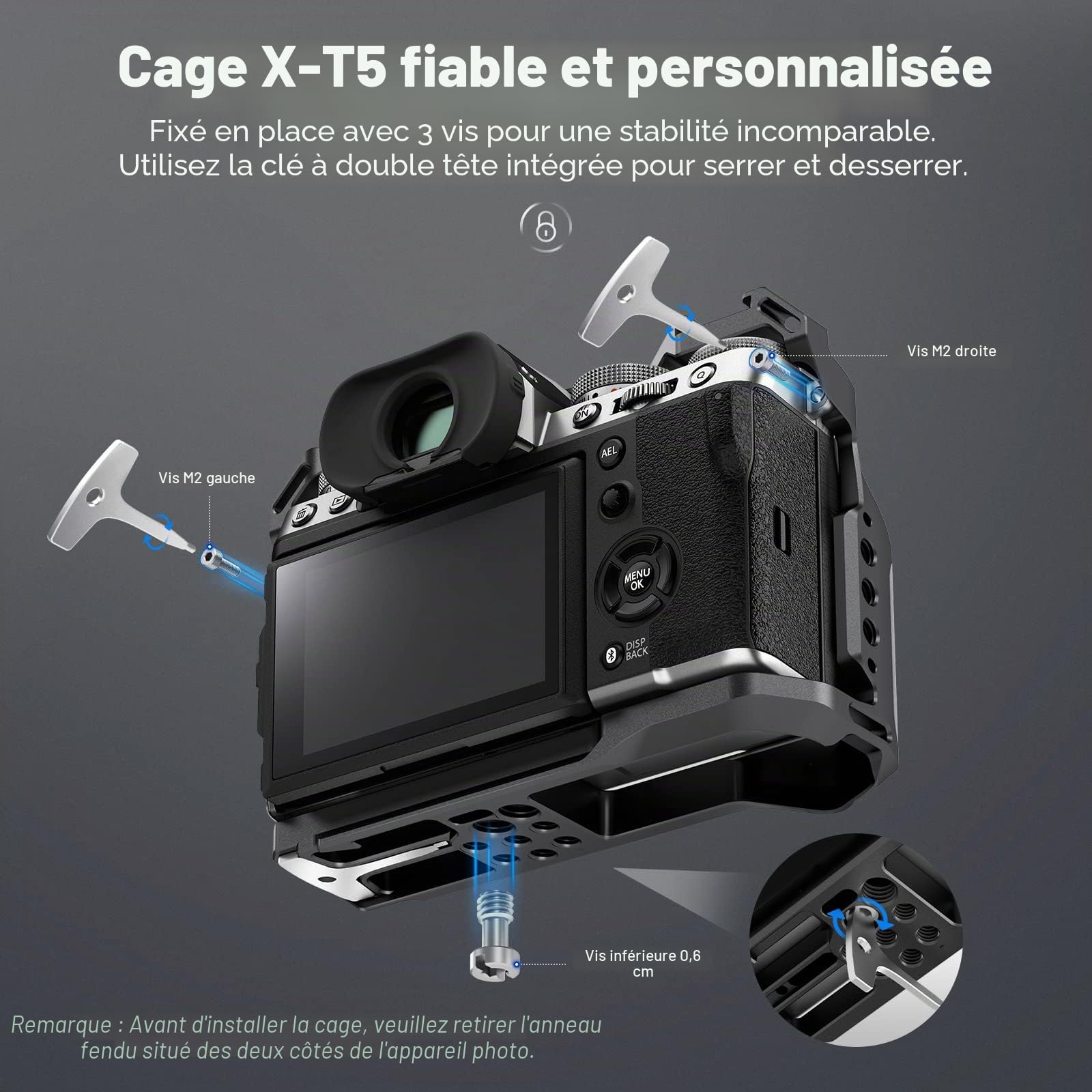 NEEWER Cage de Caméra Entière avec Fuji XT5 pour Plate-Forme Vidéo en Aluminium,Bouton d'Obturation,Cold Shoe,Rail OTAN,Base QR de Type Arca Compatible avec Accessoires SmallRig,Cardans DJI RS,CA014