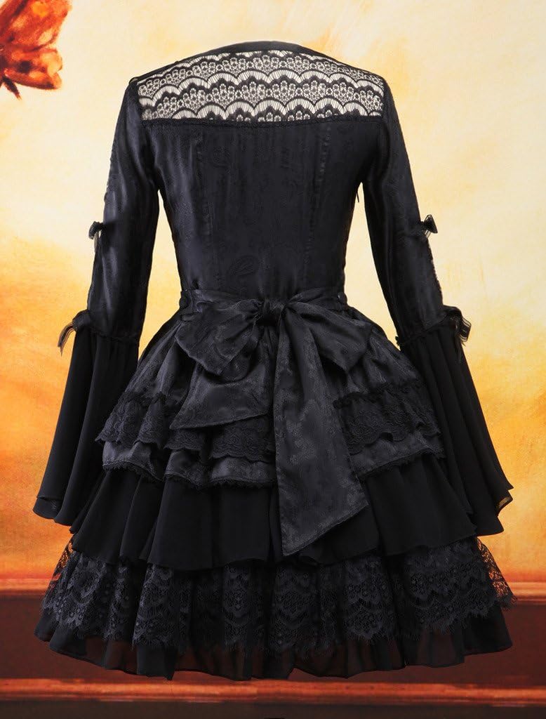 Hugme Gothic Black Chiffon Jacquard Cute Lolita One-Piece