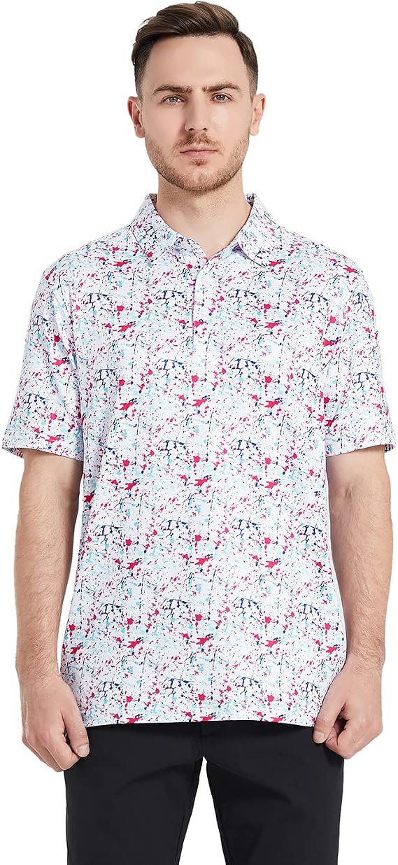 Golf Shirts for Men Dry Fit Short Sleeve Print Performance Moisture Wicking Polo Shirt