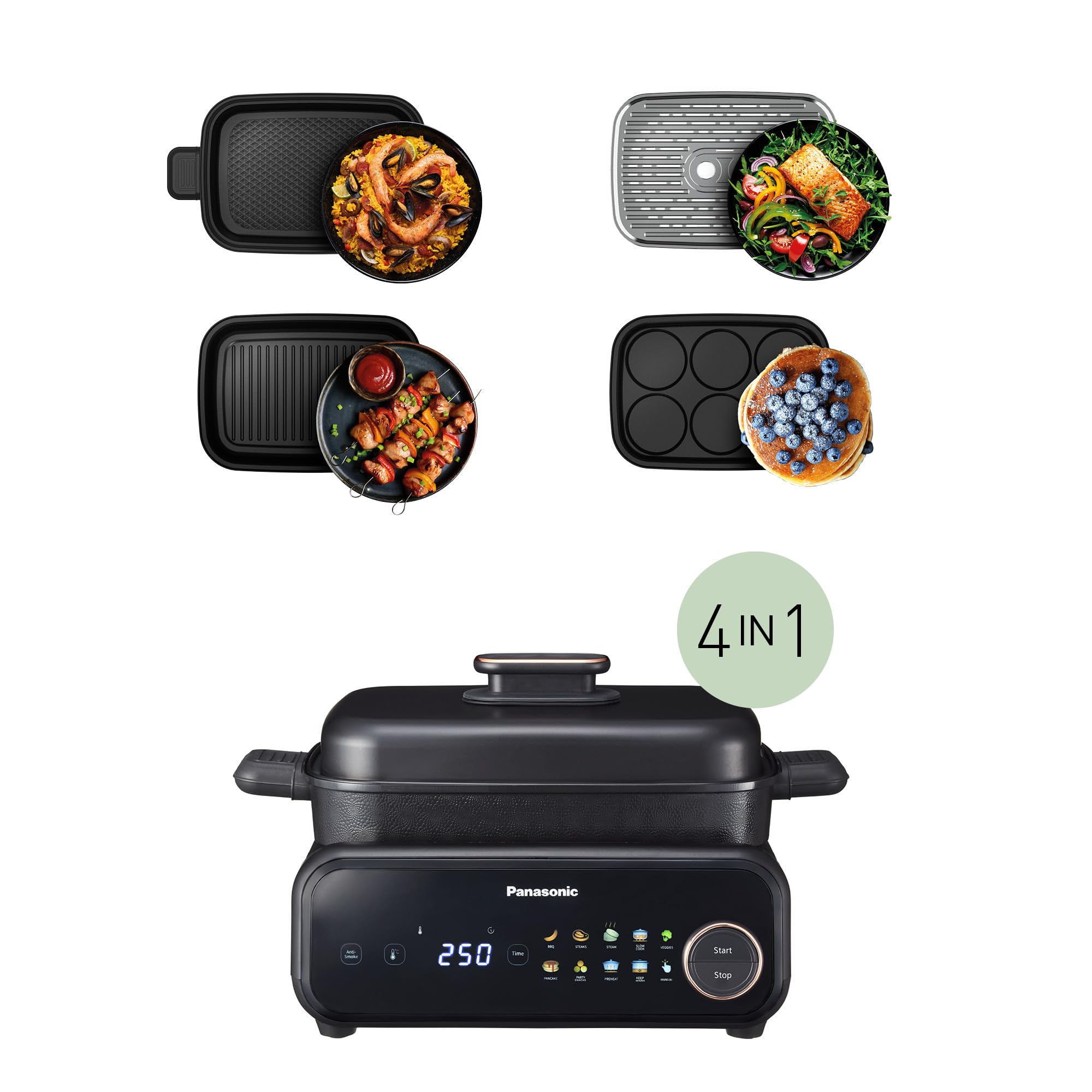Panasonic NF-GM400 4-in-1 Elektro-Multikocher, Elektro Tischgrill, Braten, Slow Cook, BBQ, Dämpfen, Sautieren, 1400W, 40–250°C, 9 Auto-Modi, 4 Antihaftplatten, Rauchabsaugung, Schwarz