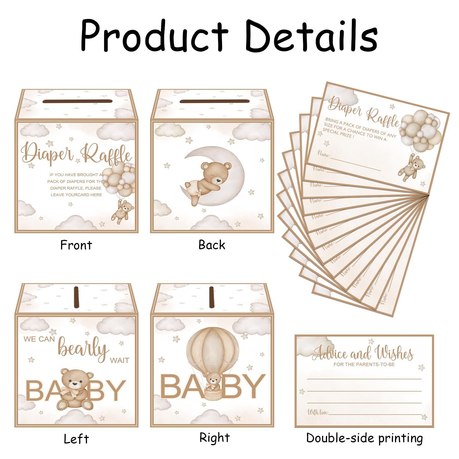 SZSHANN 51 Pcs Bear Diaper Raffle Tickets with Diaper Raffle Card Box for Baby Shower Supplies, Brown Bear Themed Insert Card, Advice and Wishes Insert Ticket