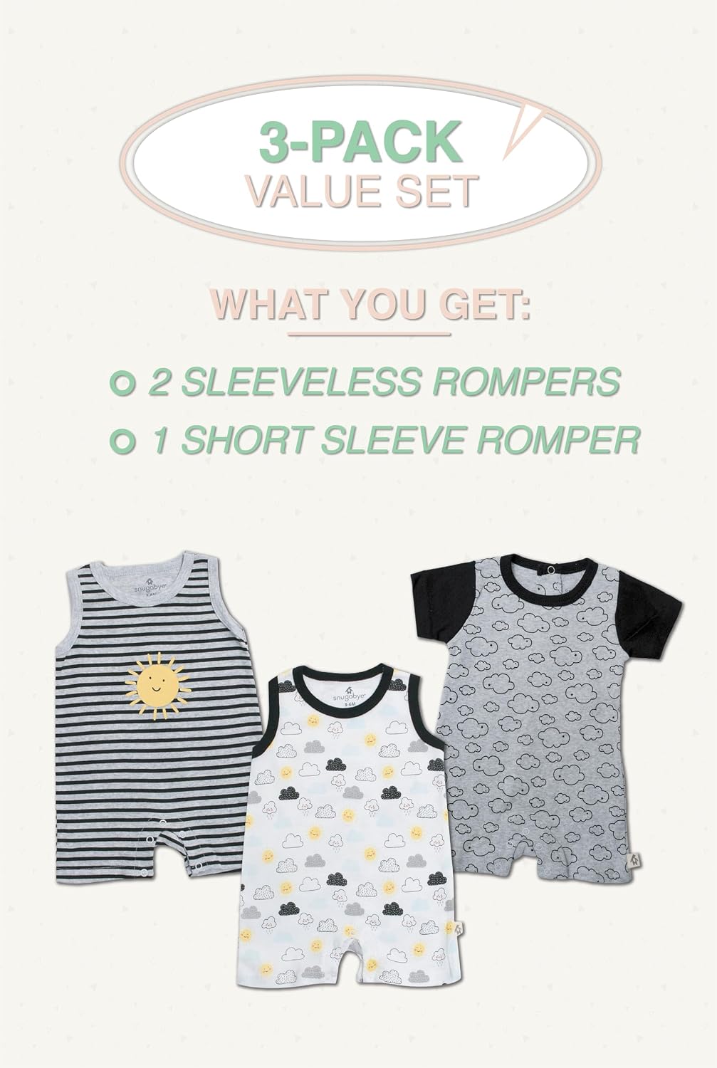 Snugabye Baby 3-Pack Romper Set – Infant Cotton One-Piece Outfit Bundle, Sleeveless & Short Sleeve (0–24M)