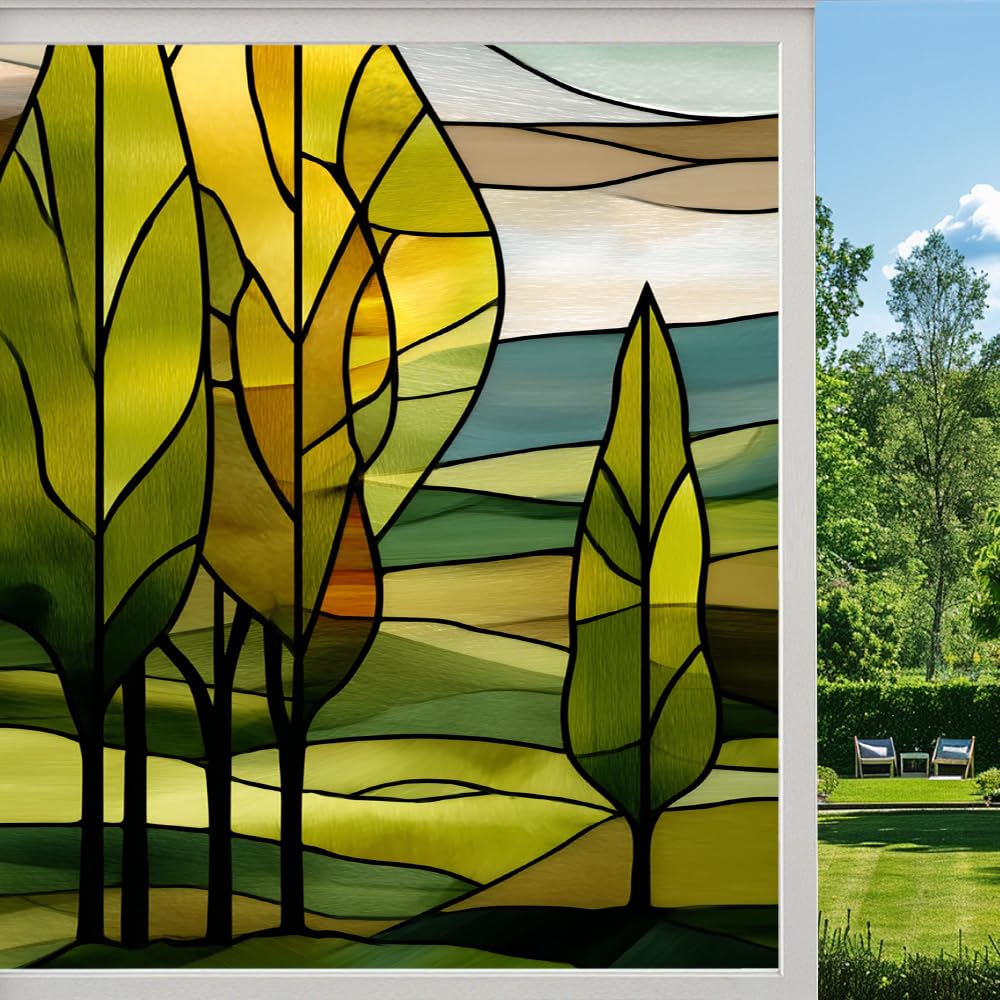 Pmlbaous Abstract Forest Frosted Window Film, Colorful Natural Trees Stained Glass Privacy Film, Heat Insulation Self-Adhesive Vinyl For Bathroom Office, （80X140cm）