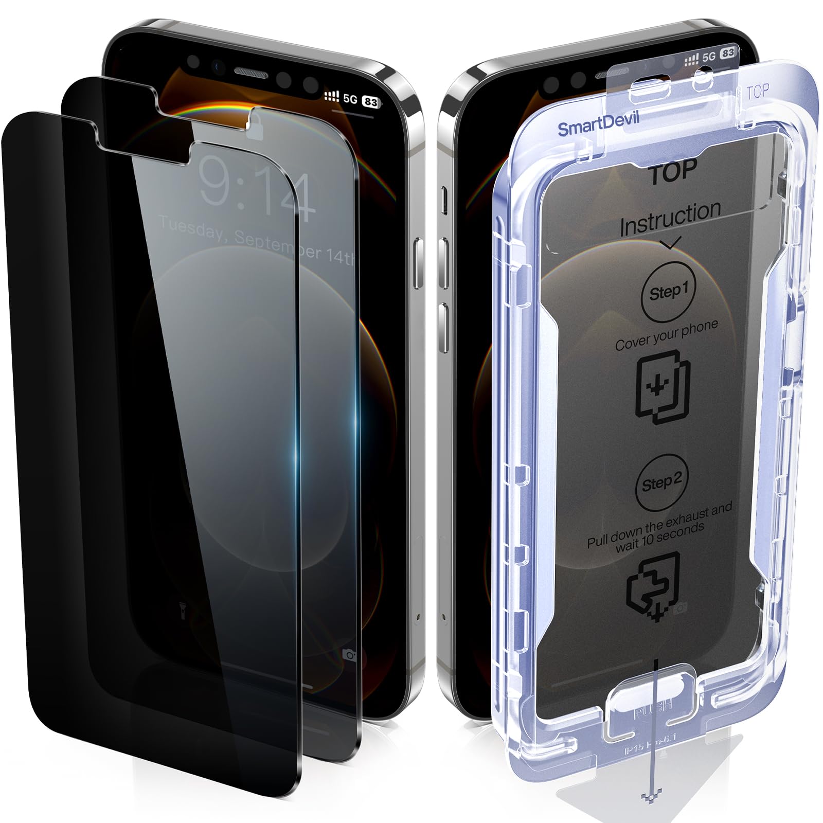 SMARTDEVIL2 Pack Privacy Screen Protectors for iPhone 12 Pro Max, 9H Top-Shatterproof [Military Grade Protection ] Anti-Spy Privacy Glass Screen Protector with Auto Dust-Elimination Install