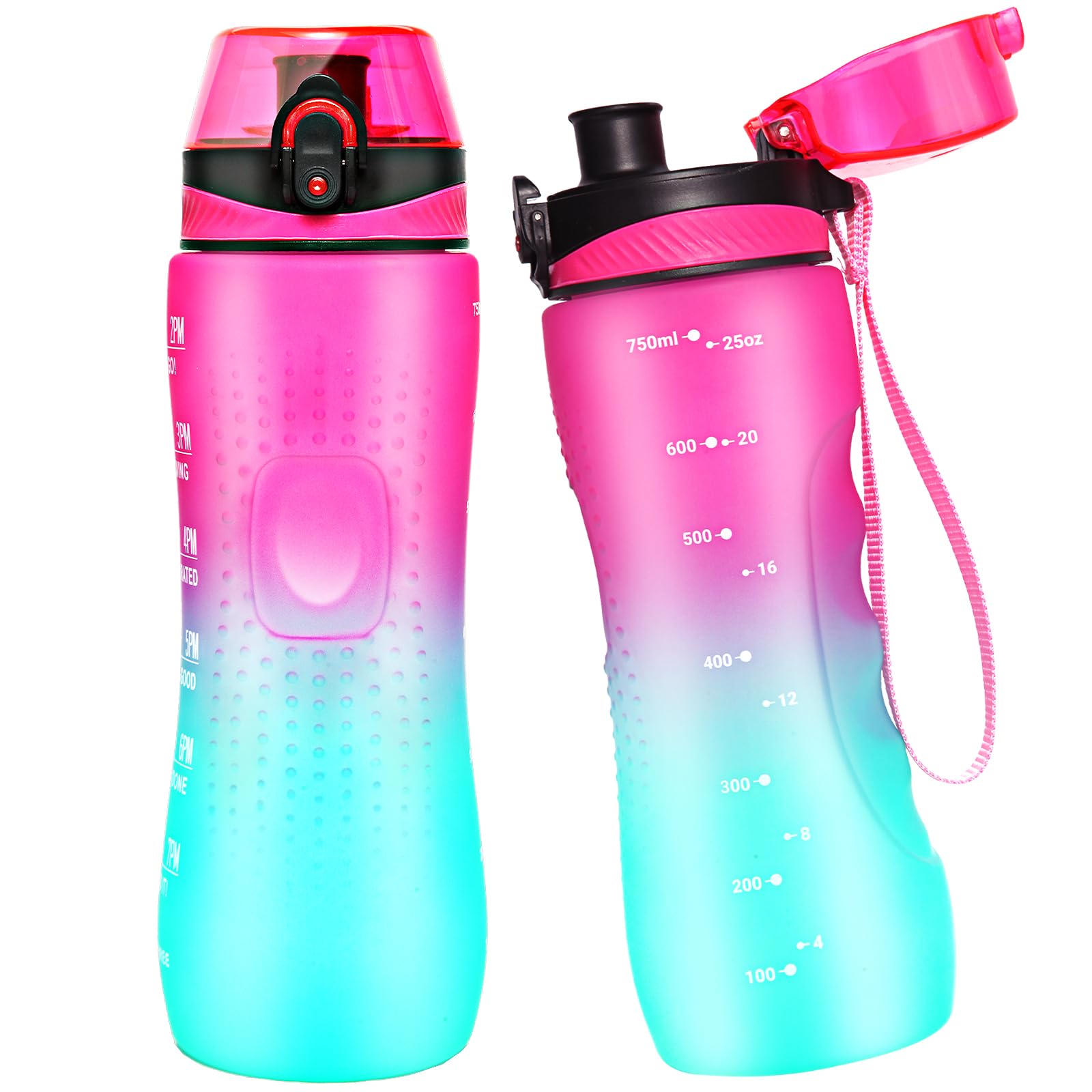 Binudum Trinkflasche Motivations Wasserflasche mit Zeitmarkierung, Sport Tritan BPA freie auslaufsichere Wasserflasche für Jugendliche, Erwachsene, Fitnessstudio (Lila-Grün, 750 ml)