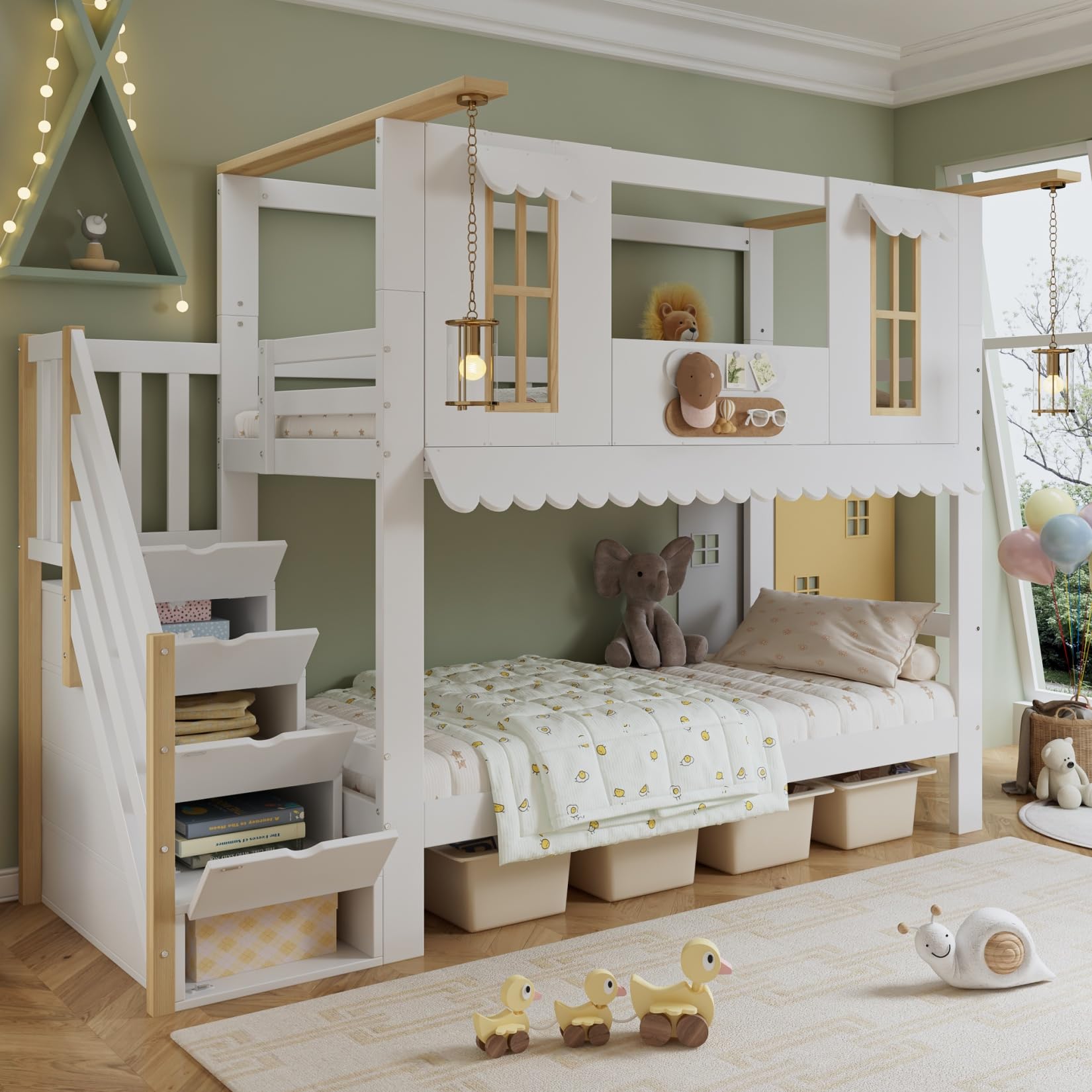 PUGSDRLY Lit Superposé Enfant 2 Places avec Fenêtre,Haute Barrière de lit,Escalier de Rangement,Feutre Décoratif,Lit Cabane Enfant 90x200 avec Sommier à Lattes,Pin(Blanc)