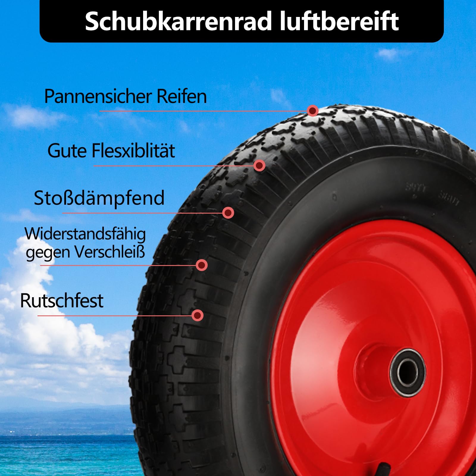 4er Set Ersatzräder 4.80/4.00-8 schwarz-rot | 4 Ersatzräder Ø 390 mm, 4PR, bis 200 kg Tragkraft, für Sackkarre, Gartenkarre, Handwagen und Schubkarre.