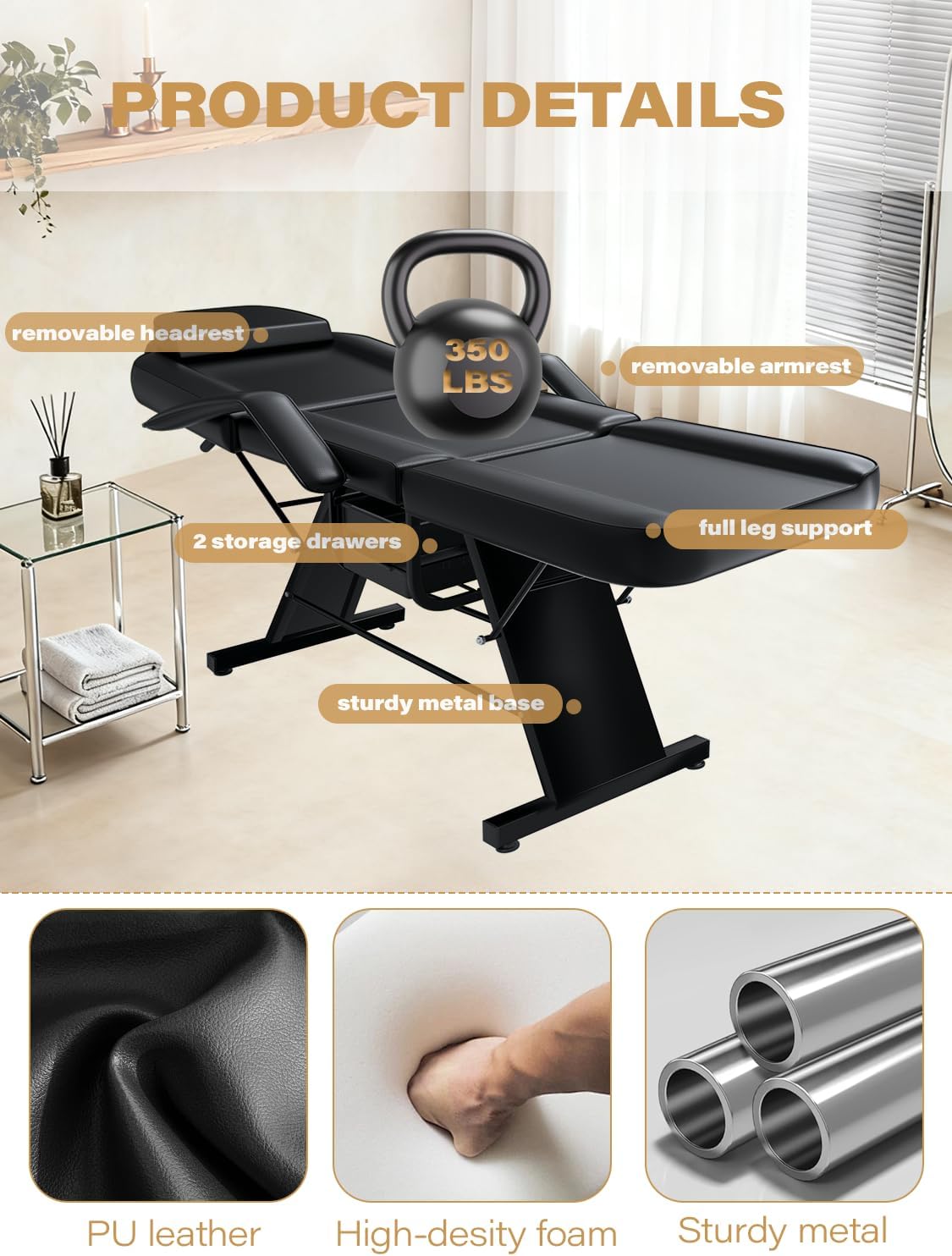 3-Section Tattoo Chair, Facial Beds for Esthetician Adjustable Professional Salon Massage Bed Tattoo Bed Chair with Spa Stool for Beauty Barber Spa Beauty Equipment, EPP Black