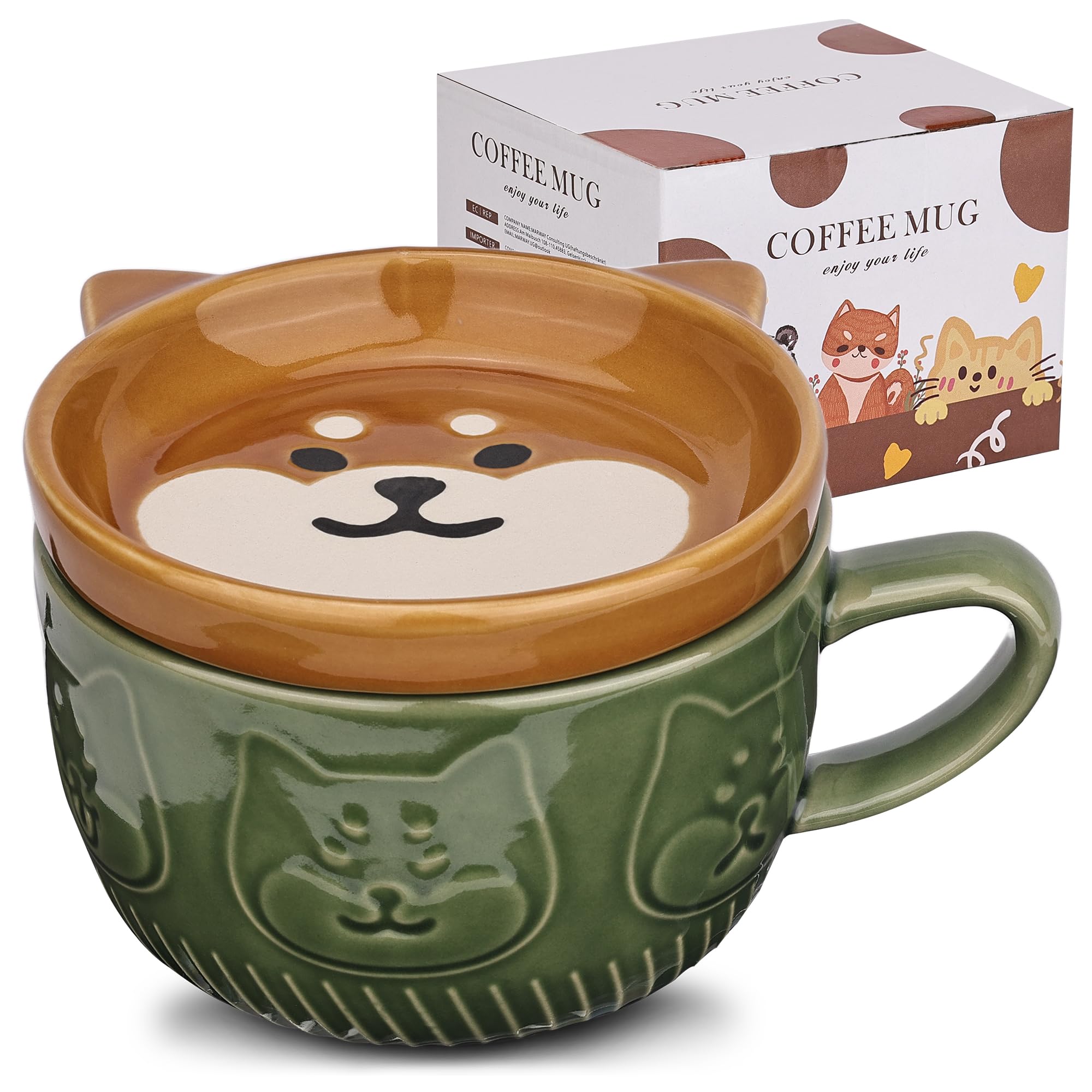 Cute Ceramic Dog Coffee Mug with Lid,Kawaii Coffee Mugs or Tea Cups for Dog Lovers,Funny Novelty Dog Breakfast Mugs for Women Wife Mum Girls Boys Friends Kids Christmas Birthday Gift,300ML（Green）