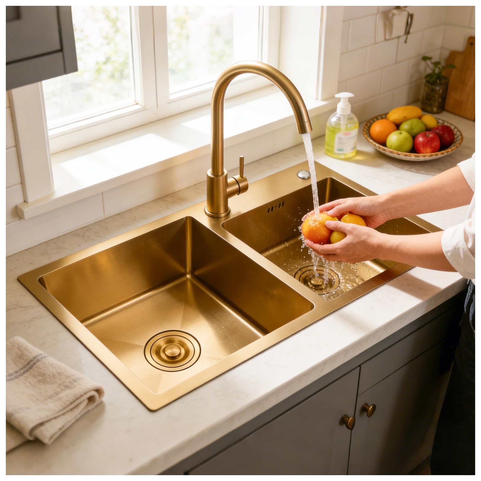 HZKSINNK Kitchen Sink, 80 x 45 cm, Golden Stainless Steel Kitchen Sink, Large, Double 2 Basins, Nano Sink with Drain Kit, Drop-in Undermount/Topmount, Easy to Clean