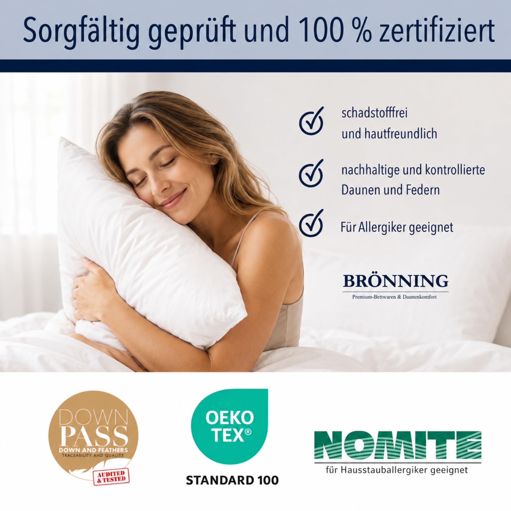 3-Kammer Daunenkissen 80x80 cm 2er Set -Kopfkissen Made in Germany | Kopfkissen 80x80 Daunen | Kissen Allergiker (NOMITE) | Federkissen 80 x 80 cm | Tierwohl (DOWNPASS) | OEKO-TEX Klasse 1