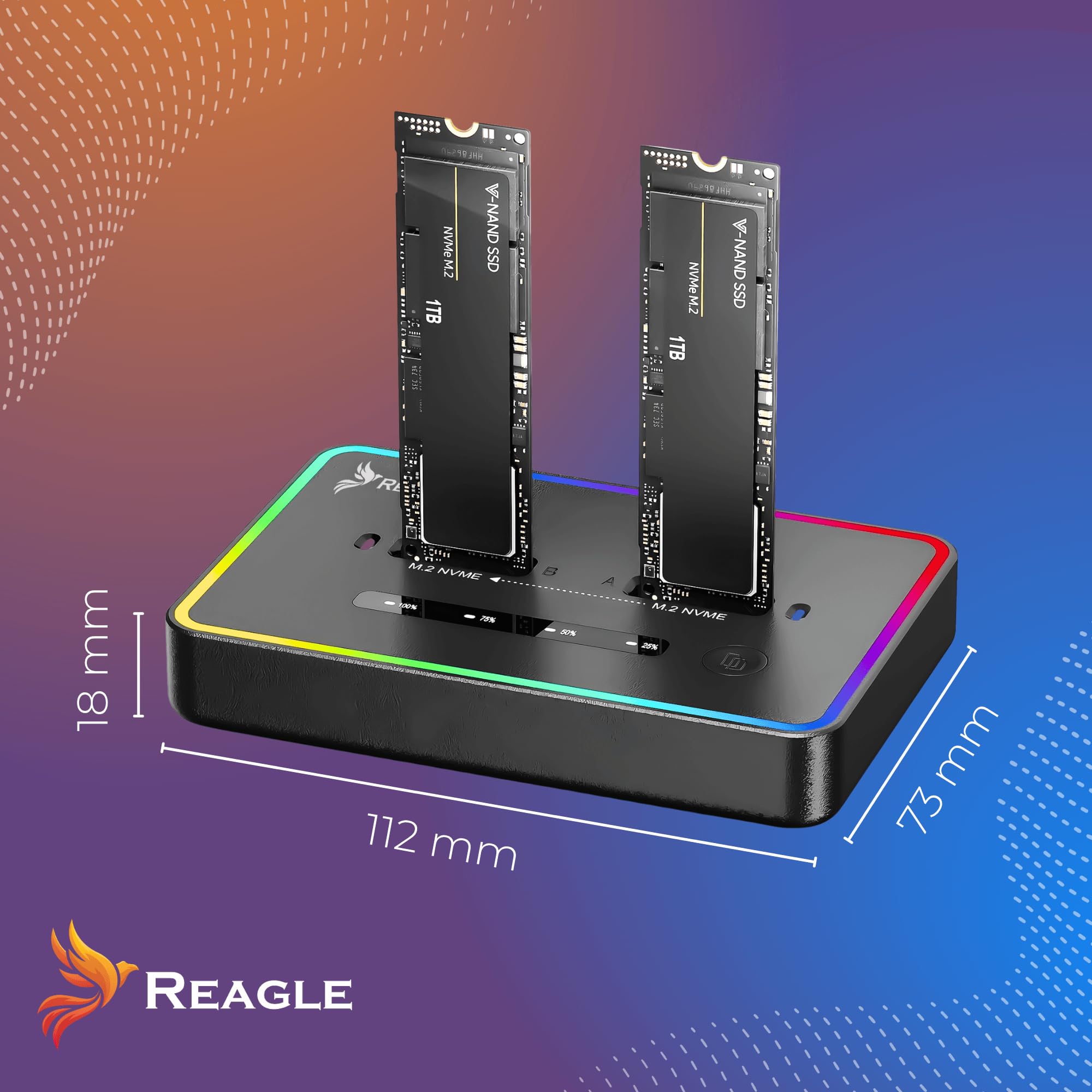 Reagle Stacja dokująca do dysków twardych Pocket Cloning Station NVME PCIe M.2 M Key 2230 / 2242 / 2260 / 2280 USB-C 3.2, 2X 4TB SSD Adpater 20 Gbps