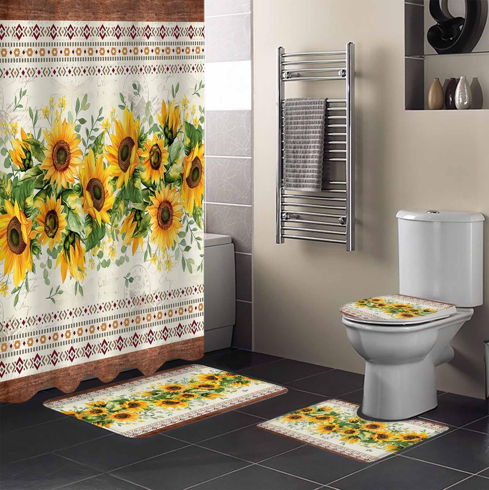 Sunflower Brown Bathroom Set with Shower Curtain and Rug Accessories - 36x72 Inches Long Retro Southwest Country Plant Leaf Floral Stall Curtain Waterproof with Large Bath Mat,Washable Runner Rug Set