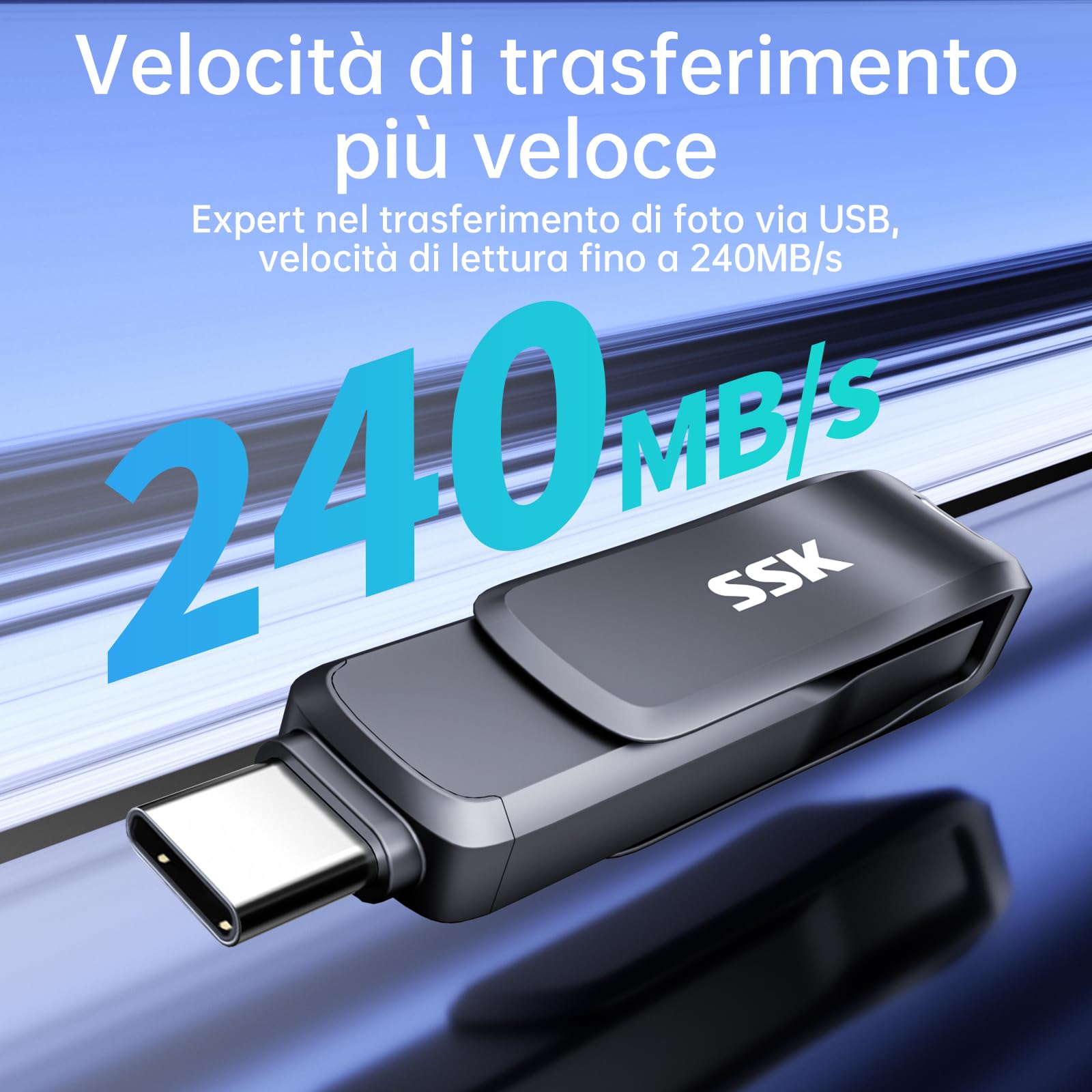 SSK Chiavetta USB 3.2 256GB,fino a 200MB/S velocità di lettura Penna USB,doppia unità Chiavetta usb type c e USB A, robusta Pen Drive in metallo nero per smartphone,tablet,iphone 15,computer,auto e TV