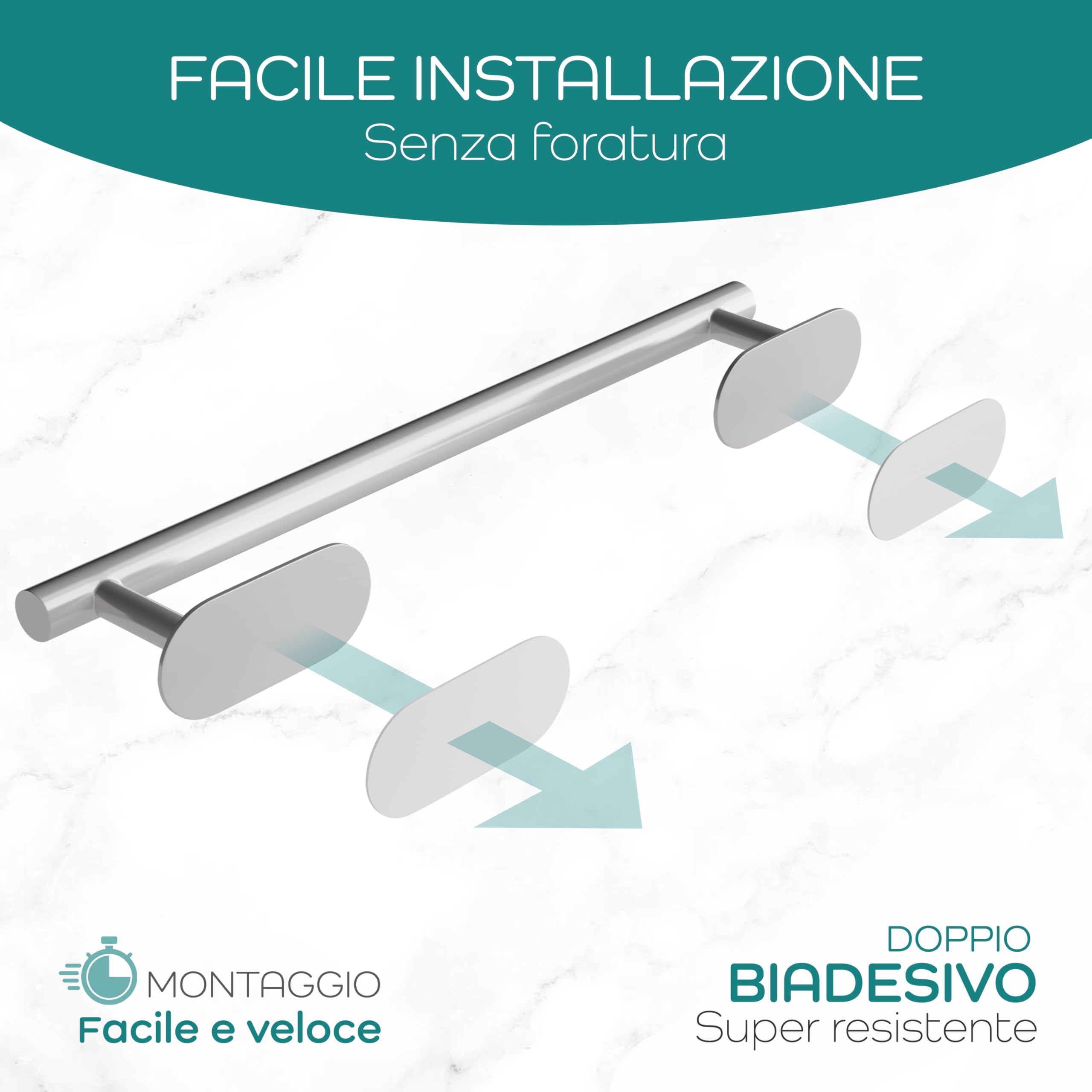 Porta Asciugamani Bagno in acciaio Inox Adesivo 40cm X 7,5cm - Appendi Asciugamani Bagno - Adesivo Extra Resistente