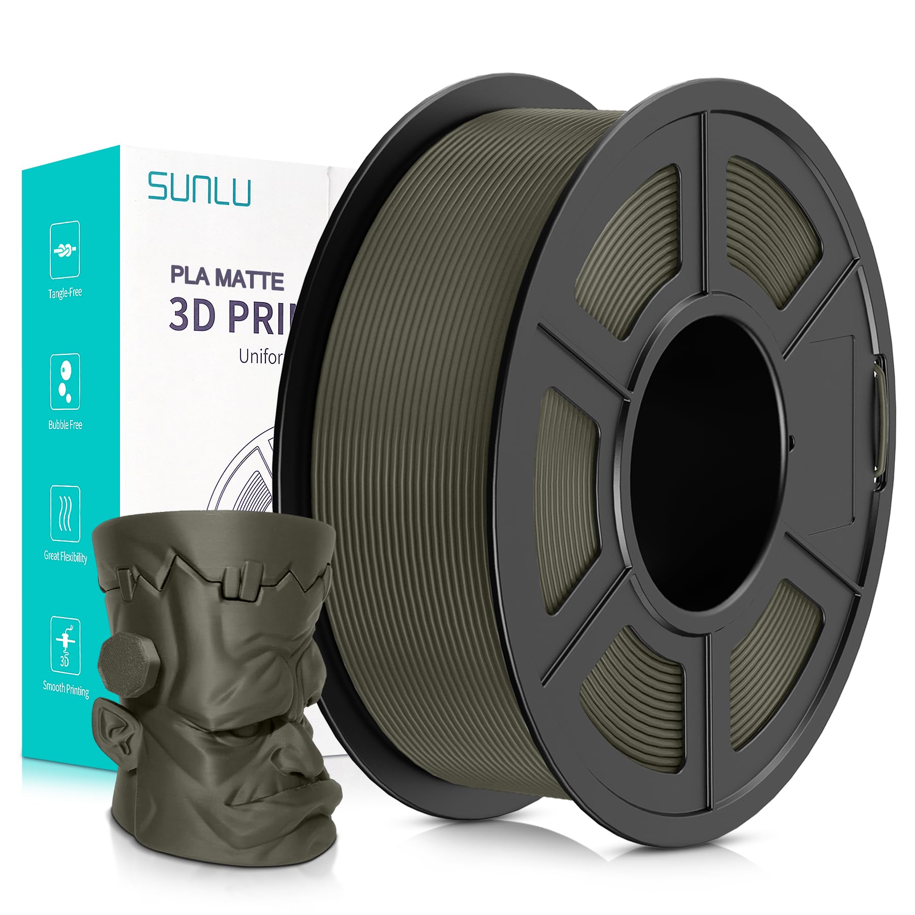 SUNLU 3D Printer Filament Matte PLA Filament, Neatly Wound Matte PLA Filament 1.75mm ± 0.02mm, Fit Most FDM 3D Printers, Good Vacuum Packaging 3D Printing Filament, 1kg Spool (2.2lbs), Matte Clay