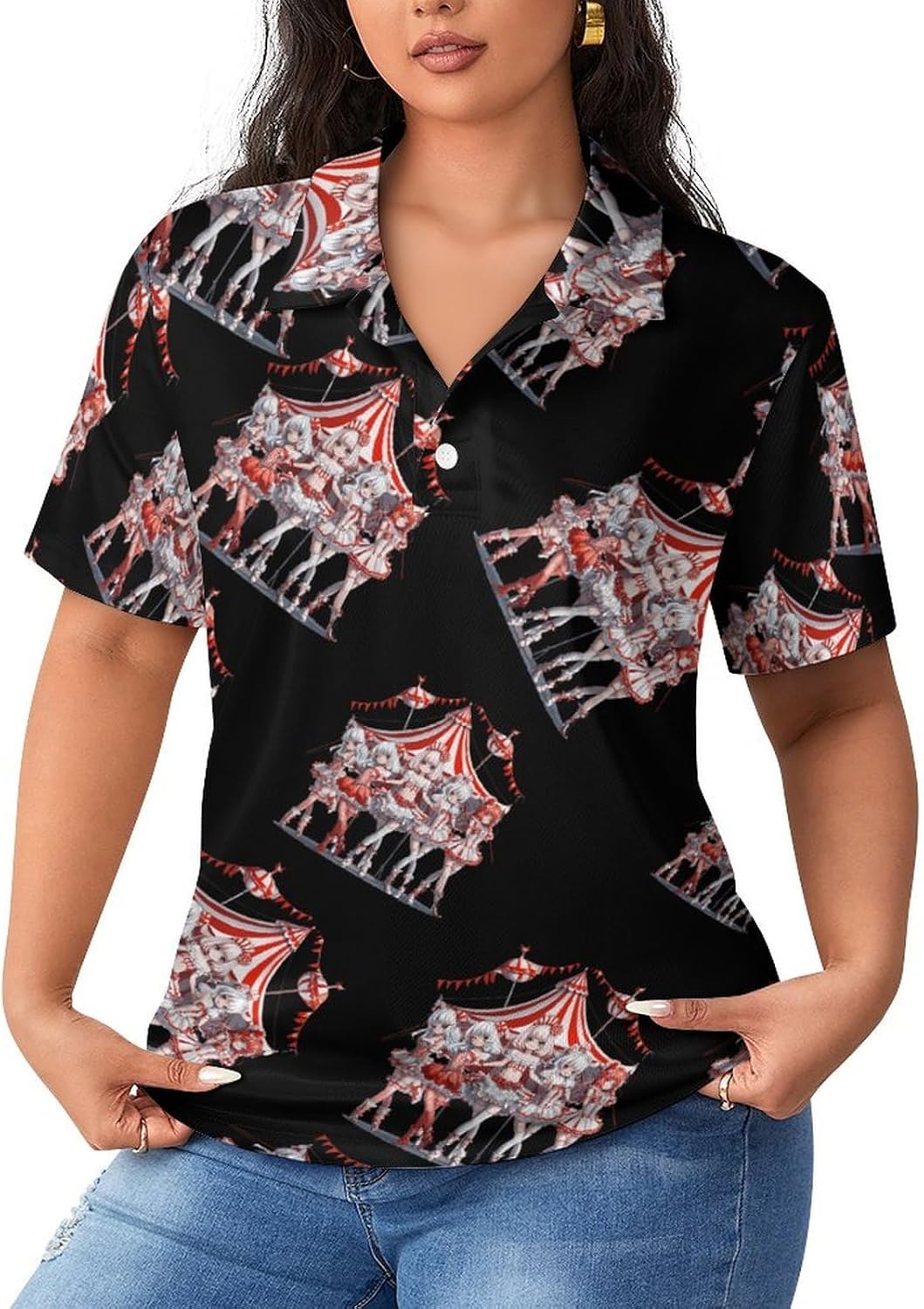 Circus Staff Pinup Womens Golf Polo Shirts Summer Short Sleeve Collared 3 Buttons T Shirt Activewear Tops