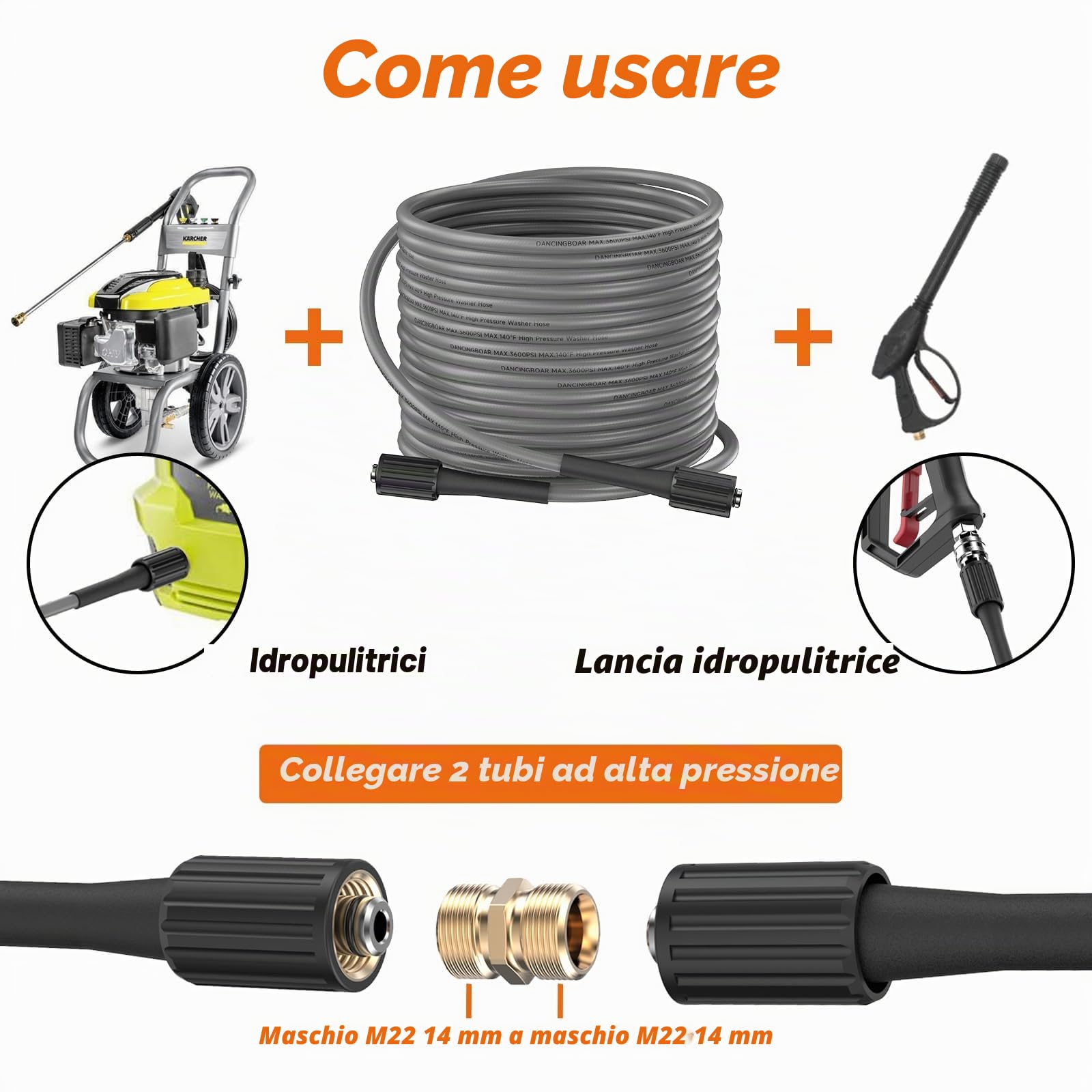 10M Gomma Tubo di Ricambio per Idropulitrice, 3600 PSI Super Flessibile Filettatura Femmina M22 14mm Antipiega Tubo di Prolunga per Accessori ad Alta Pressione, Lavaggio di Auto