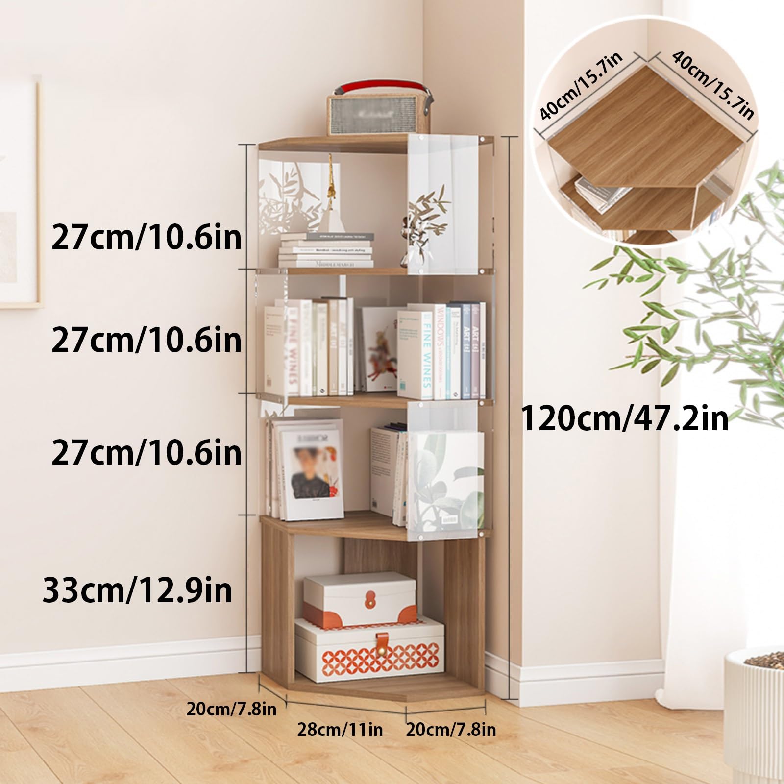 Nowoczesny wolnostojący regał narożny, regał ścienny narożny o wysokości 27 cm na warstwę, łatwy w montażu, małe półki na książki do salonu, domowego biura i małej przestrzeni(Brązowy,120CM/47.