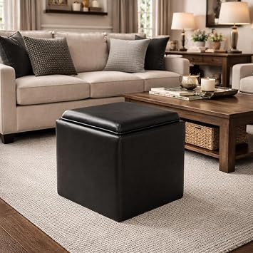 HomePop 17.5 Storage Ottoman with Tray Top - Black Faux Leather