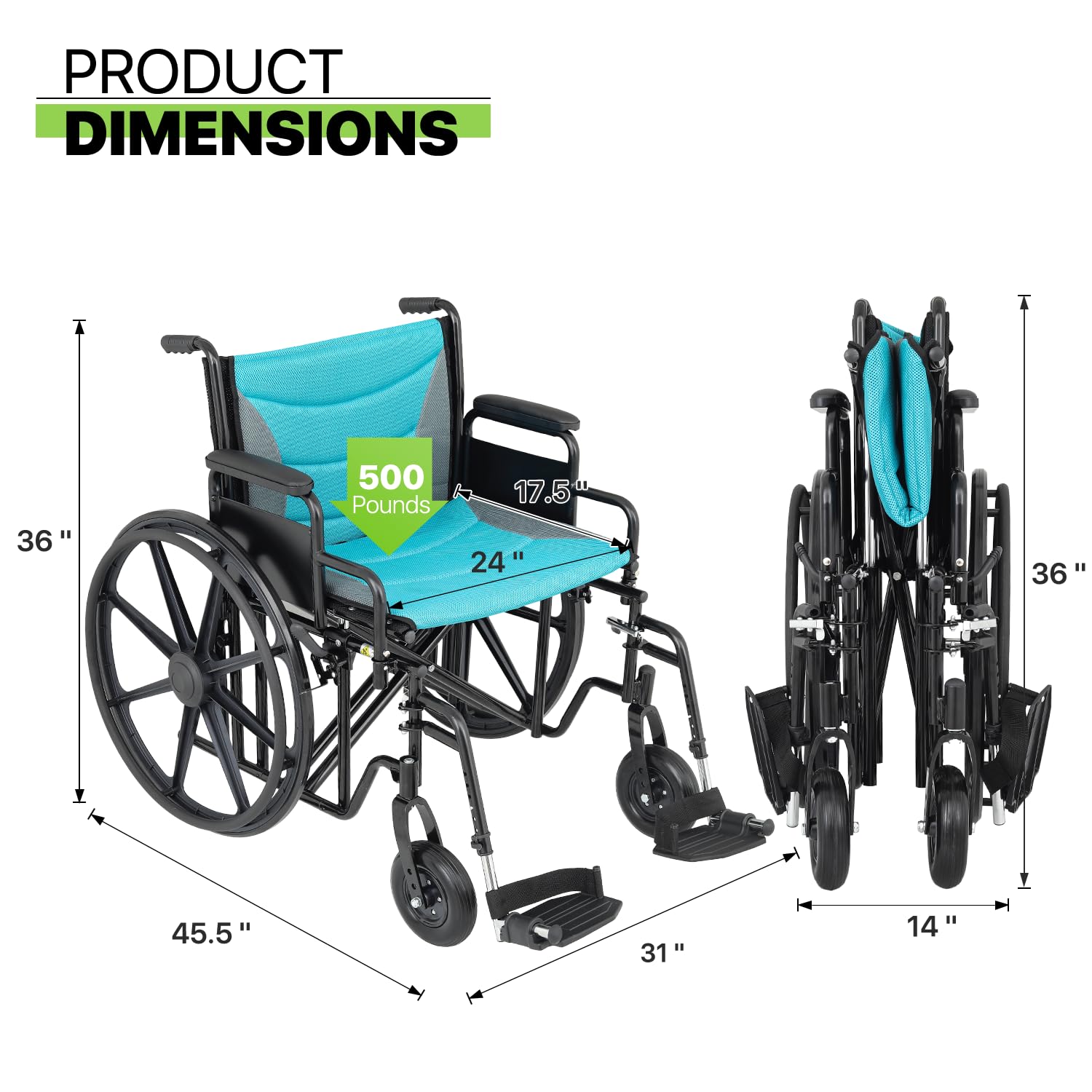 Magshion 24-Inch Wide Folding Heavy Duty All-Terrain Self-Propelled Wheelchair for Adults, Black Steel Frame with Removable Cushion, 500 lbs Weight Capacity