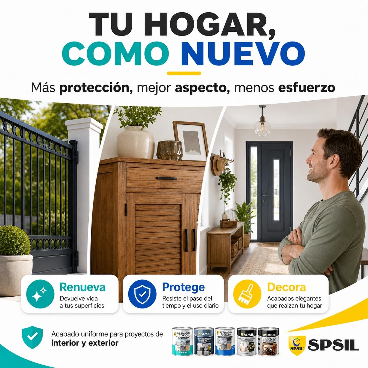 SPSIL Barniz Sintético al Agua para Madera Barniz Satinado 750ml X4, Protección UV y contra Humedad - Acabado Brillante - Secado Rápido - Interior y Exterior - Alto Rendimiento 8m²/L