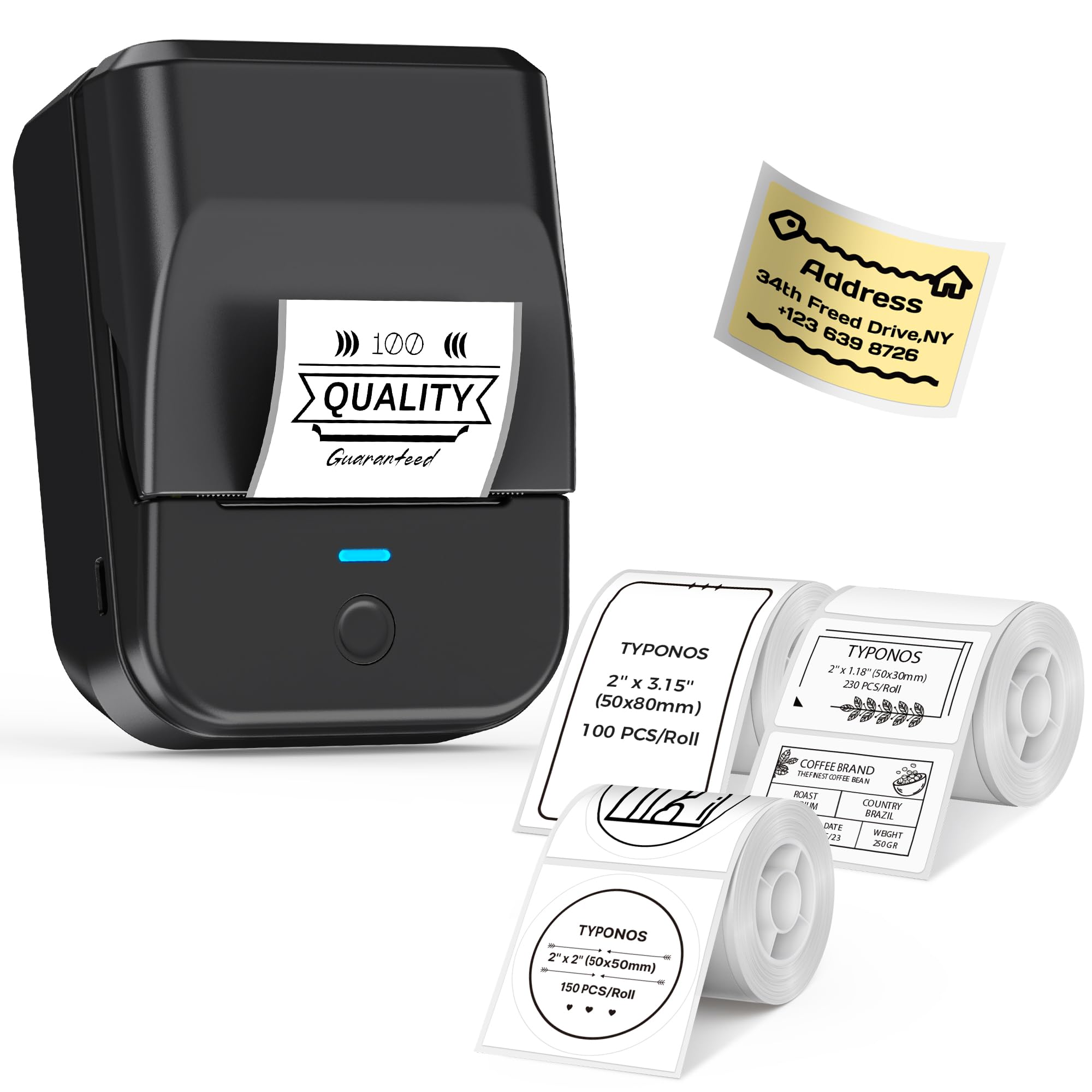 TYPONOS PM240 Label Maker Machine with 3 Tapes, 2 Inch Bluetooth Thermal Label Printer, Inkless Portable Sticker Printer with 40x30, 50x50 White & 50x80 Labels for Office, School, Home, Kitchen, Black