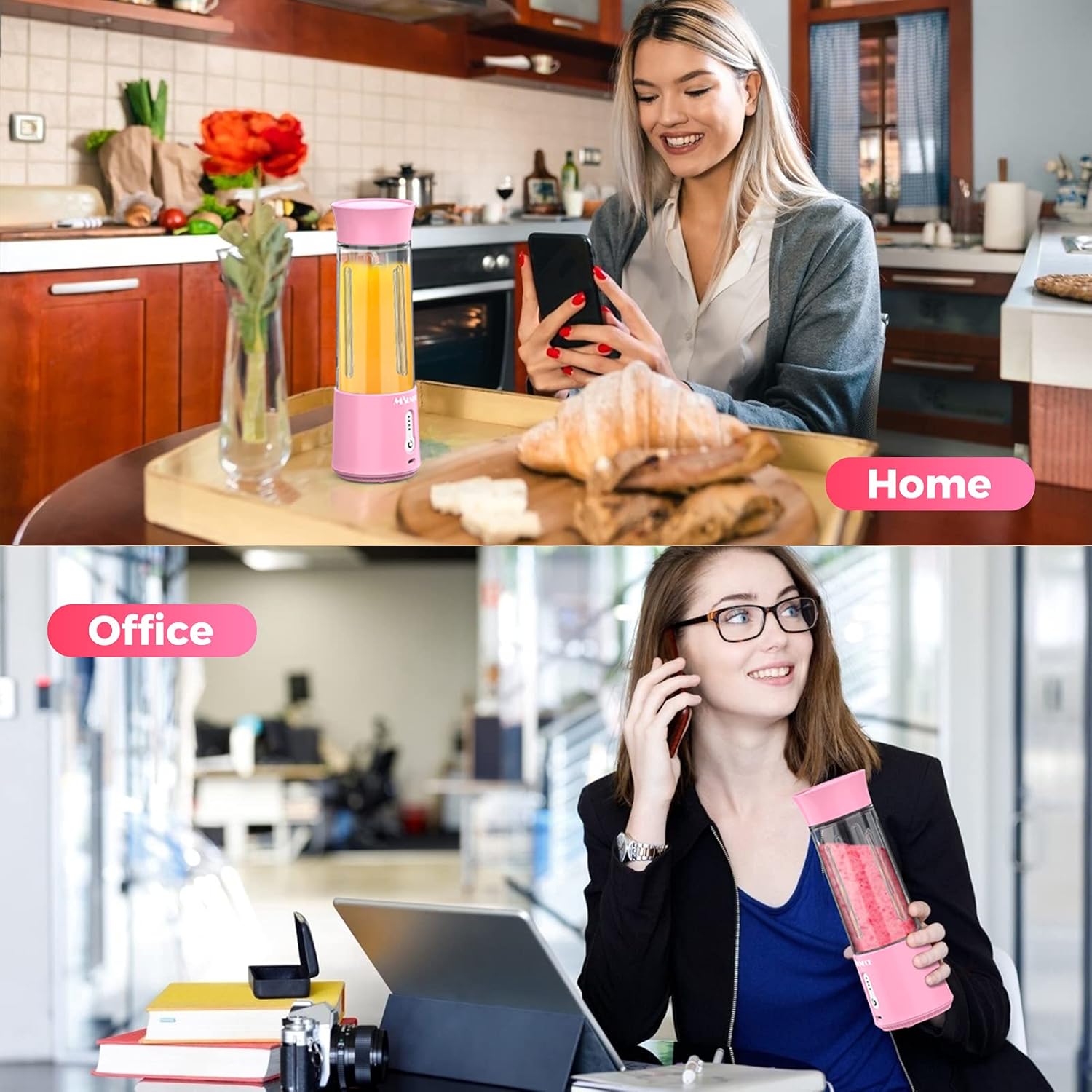 MOSUNECE Portable Blender, 17 Oz Personal Blender for Shakes and Smoothies, Fruit Juice, Mini Blender with Stainless Steel Six Blades, 4000mAh Battery, USB Rechargeable Mixer for Sports, Office,Travel, Gym（Pink）: Home & Kitchen