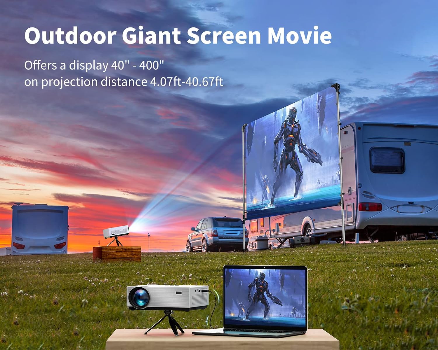 4K Projector with 5G WiFi and Bluetooth, Acrojoy 450 ANSI Native 1080P Mini Projector Support 400" Display, 75% Zoom, Portable Outdoor Movie Projector W/Tripod and Bag, Compatible W/TV Stick/USB/PS5