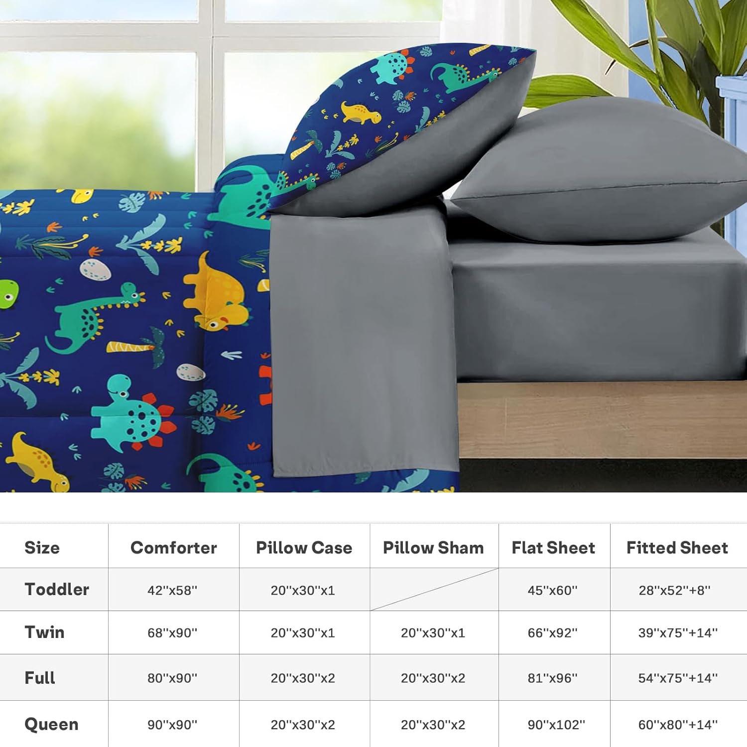 Nesker Comforter Set Queen Size, Blue Dino 7 Pcs Bedding for Kids Teens, Dinosaur with Fitted Sheet 2 Pillowcases & 2 Shams for Bedroom Bed Decor - Image 7