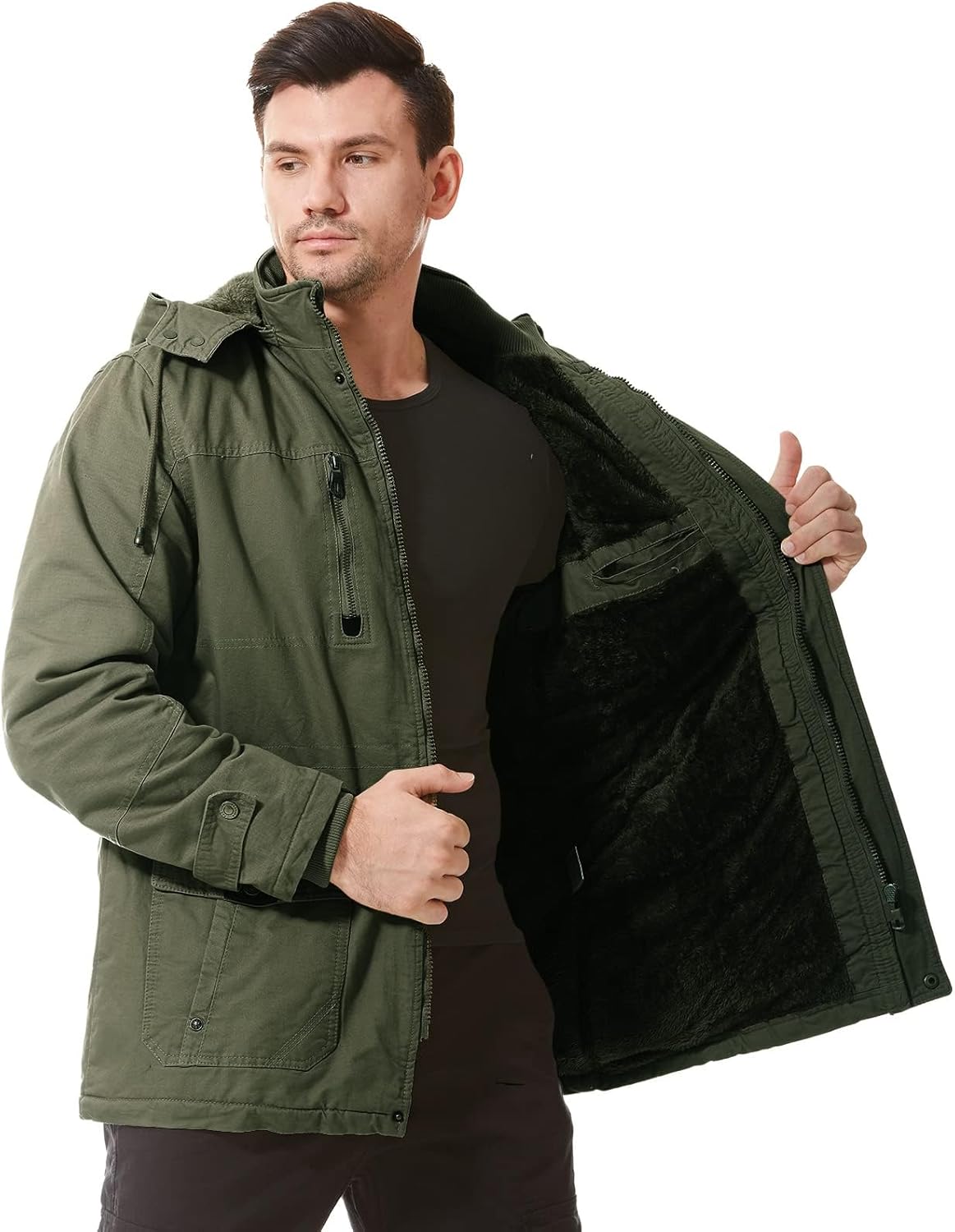 Mens Jacket Winter Casual Fleece Lined Cotton Thick Military Tactical Hooded Work Coats with Cargo Pockets - Image 4